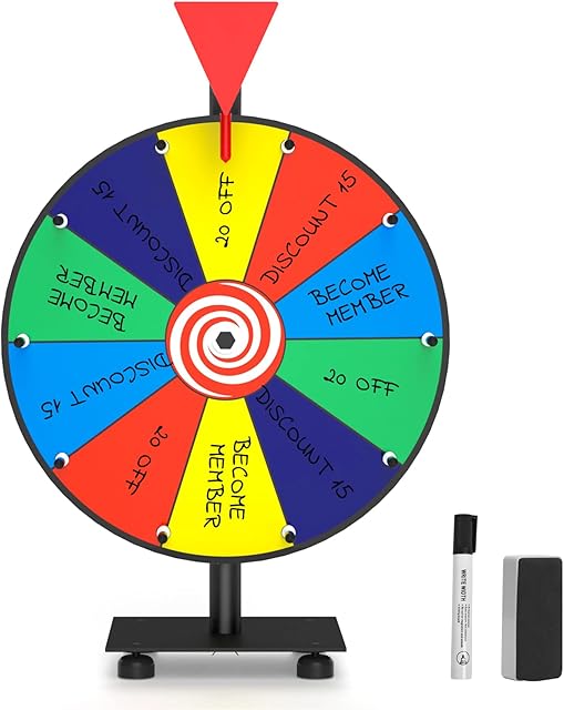 Alumrion Color Prize Wheel Editable Fortune Roulette Spinning Game with Dry Erase, 10 Slots Heavy Duty Base Roulette Wheel with Tabletop Stand for Trade Show, Win Fortune Spin Games, 12inch