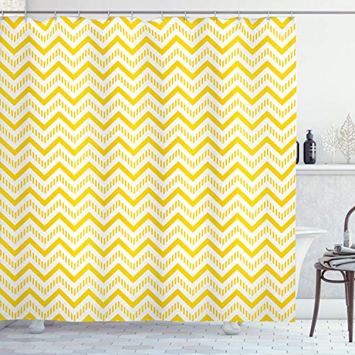 ABAKUHAUS Jaune Rideau de Douche, Chevron Zig Zag 90, Tissu Ensemble de Décor de Salle de Bain avec Crochets, 175 cm x 240 cm, Blanc et Jaune