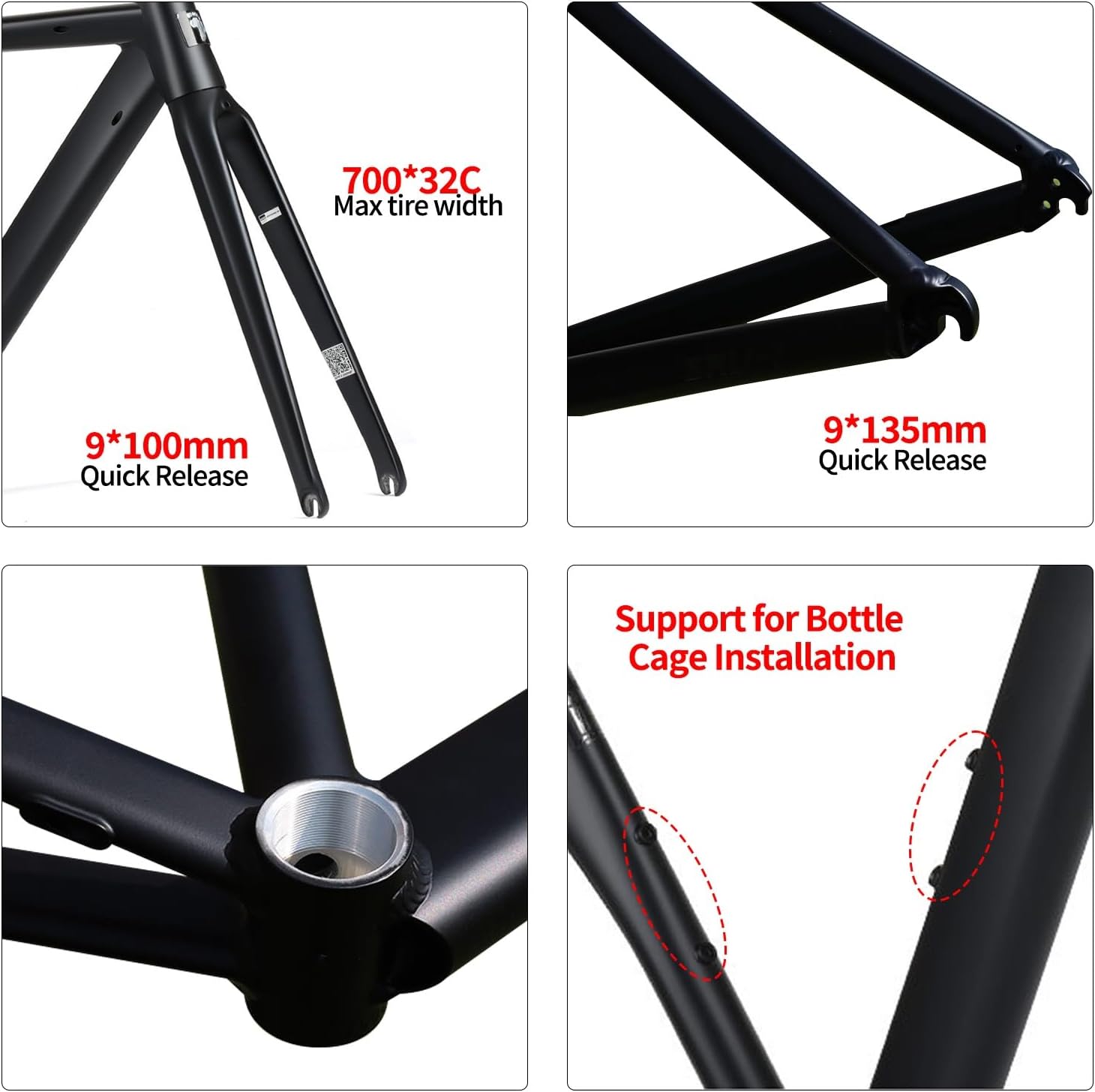 700C Road Bike Frameset 50cm 52cm Breaking Wind Racing Frame Aluminum Alloy Rim Brake Frame 100/135mm QR BSA BB68mm Carbon Fibre Rigid Fork Internal Routing(Matte Black,50cm)