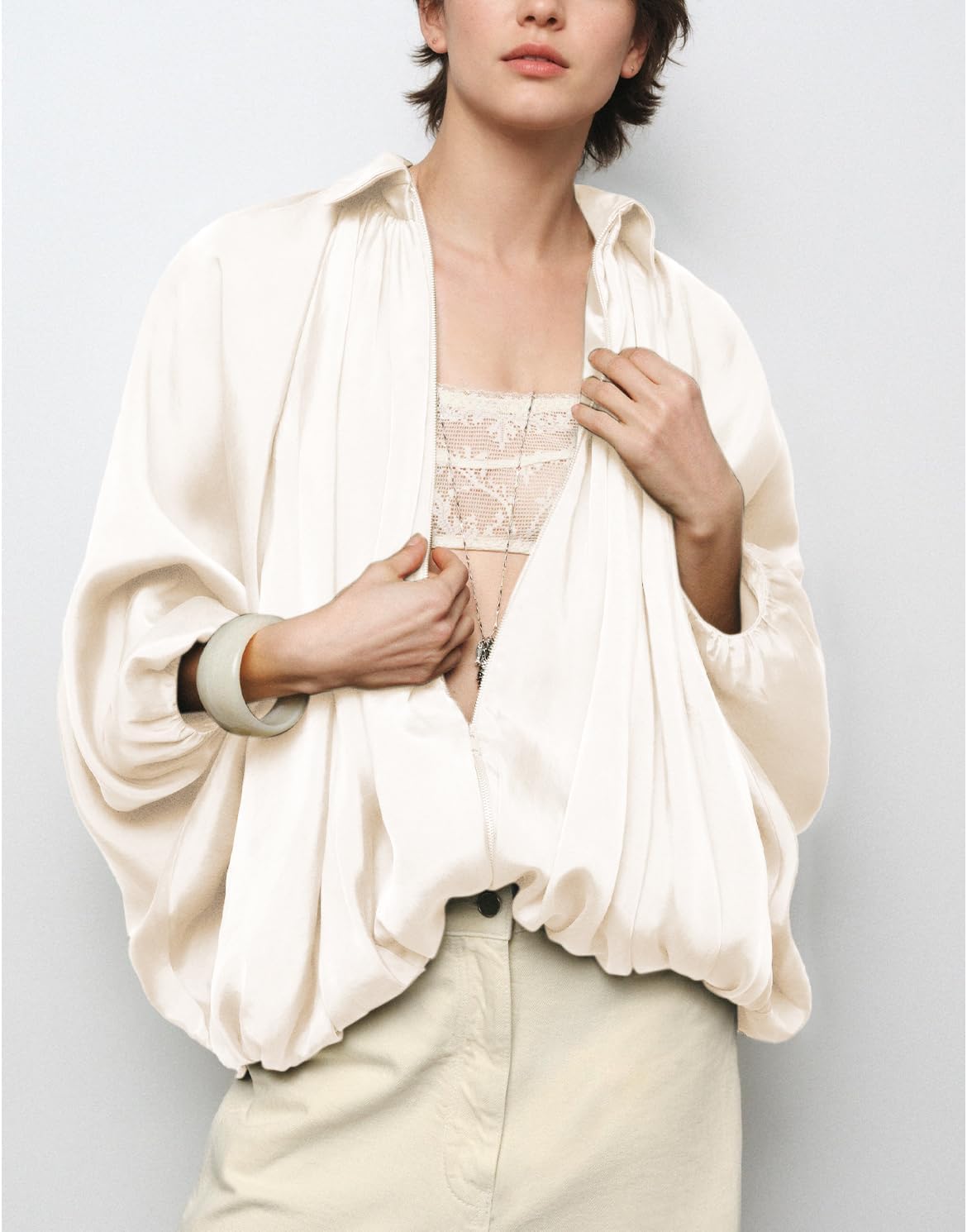 WOWULOVELY Women's Puffed Bomber Jacket Oversized Lapel Collar Streetwear Coat Long Casual Batwing Sleeve Zip Pleated Shirts - Image 2