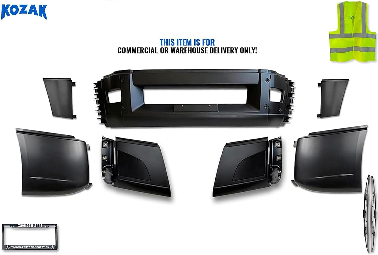 KOZAK Bumper Plastic Set without Fog Light Holes Compatible with Volvo VNL 2018+ Includes Logo, License Plate Frame, 2x 22" Windshield Wipers, and Safety Vest