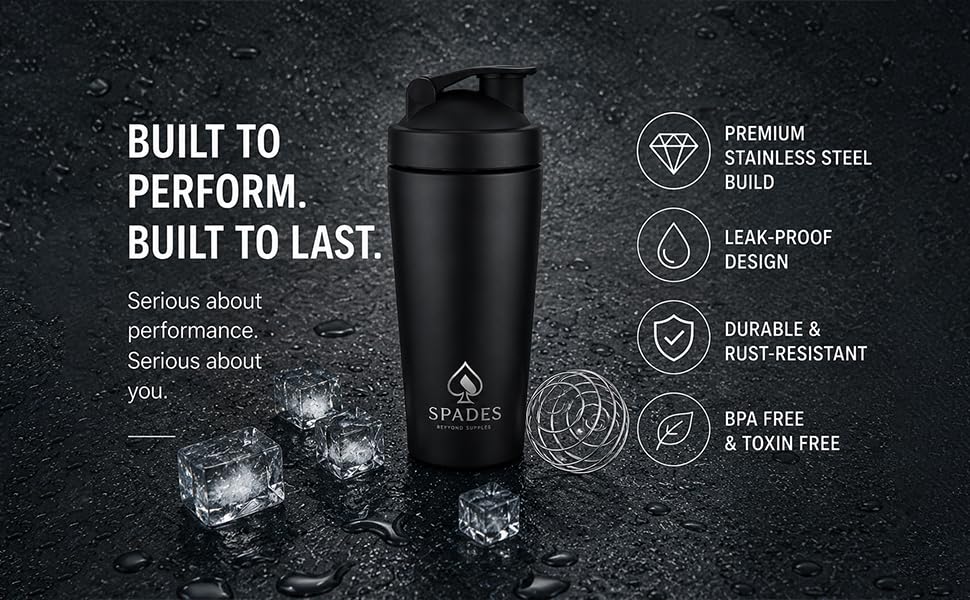Image of SPADES Stainless Steel Gym Shaker Bottle 750ml with Mixing Ball | Leakproof Protein Shaker for Gym, Wide Mouth, Leckproof, Measurement Markings, Sipper Cap | Metal Shaker for Men (Black /P1)