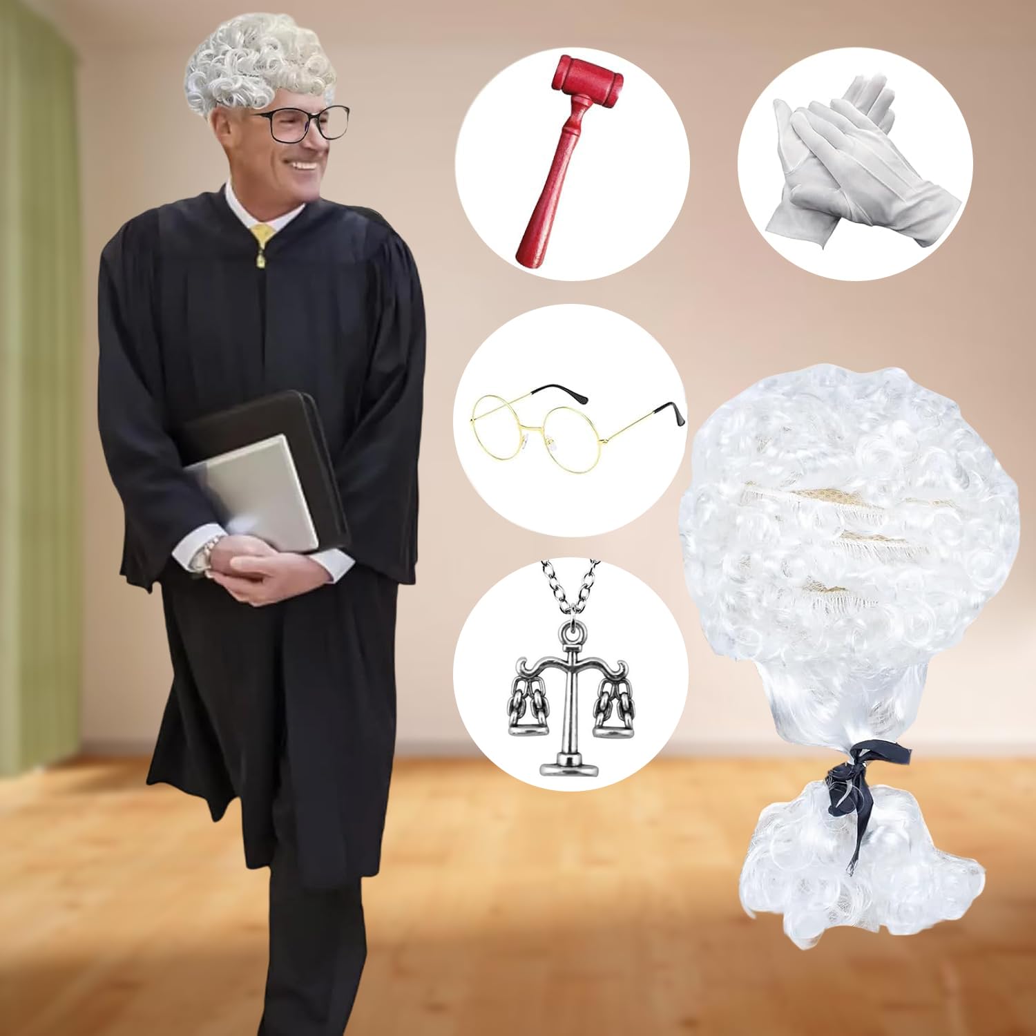 LIUQOBN 5pcs Judge Court Lawyer Costume Accessories Wig, Wave Hairpiece,Halloween Makeup Themed Party, Fancy Costumes (White) - Image 4