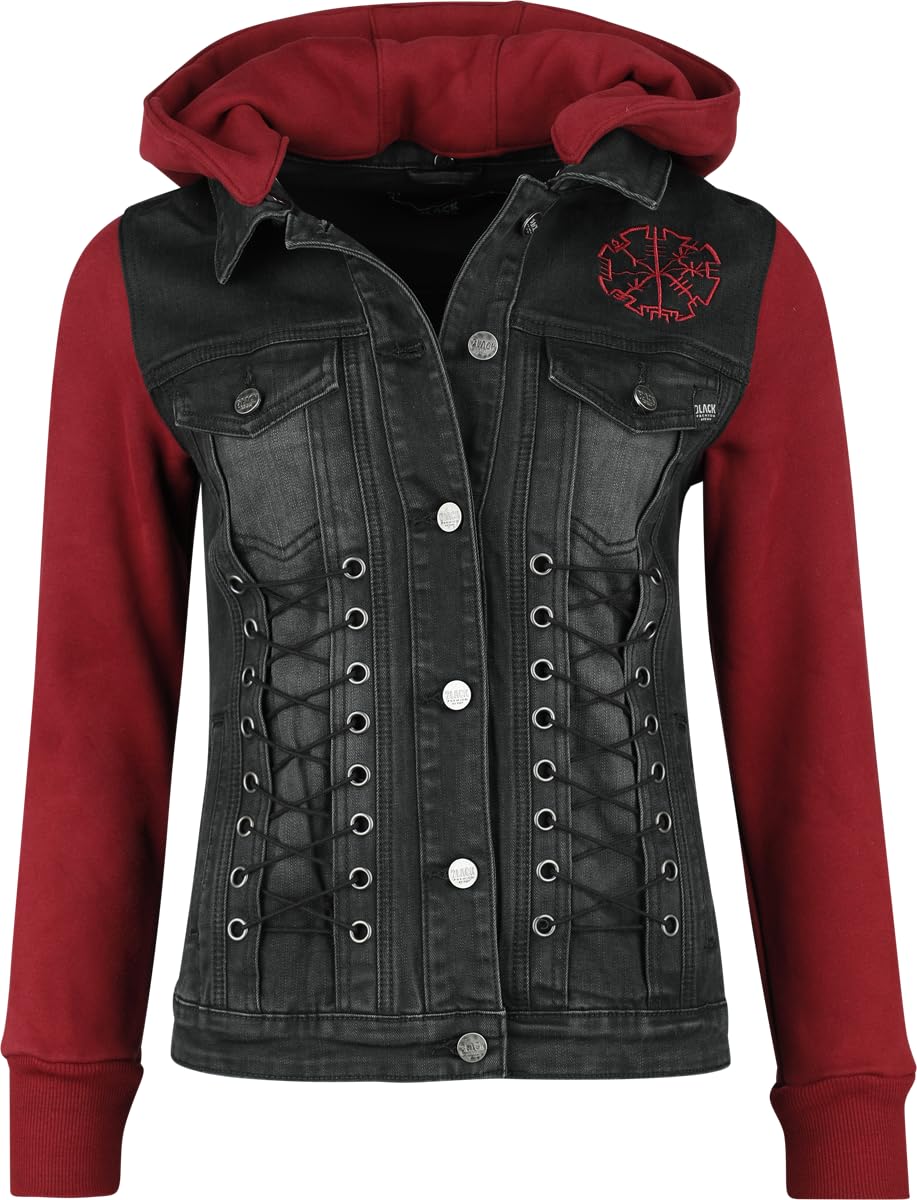 Black Premium by EMP Mujer Chaqueta vaquera negra y roja con capucha desmontable y mangas hechas de tela extra suave para el sudor