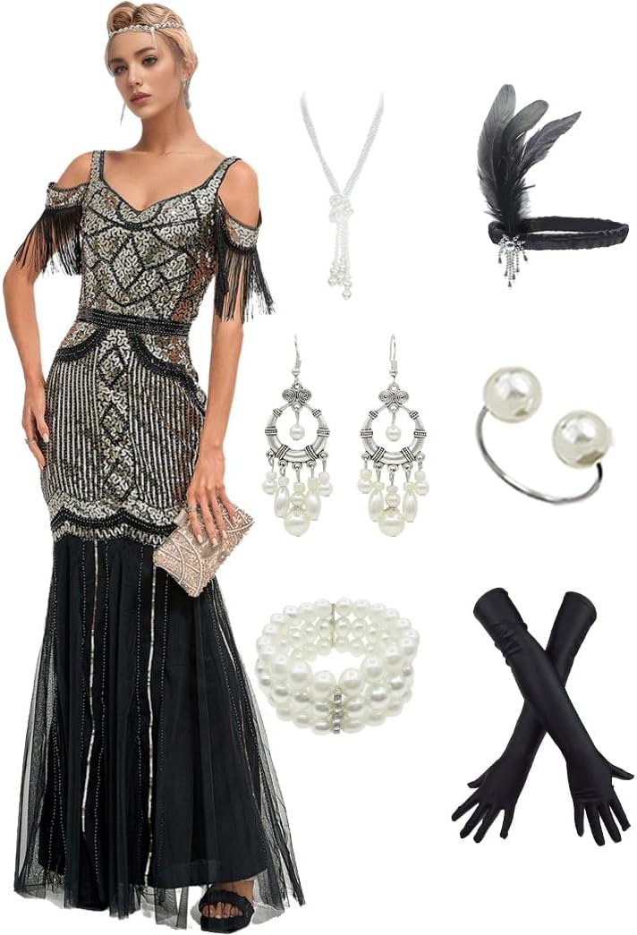 Sequins Golden Long Flapper Dress with 20s Accessories Set