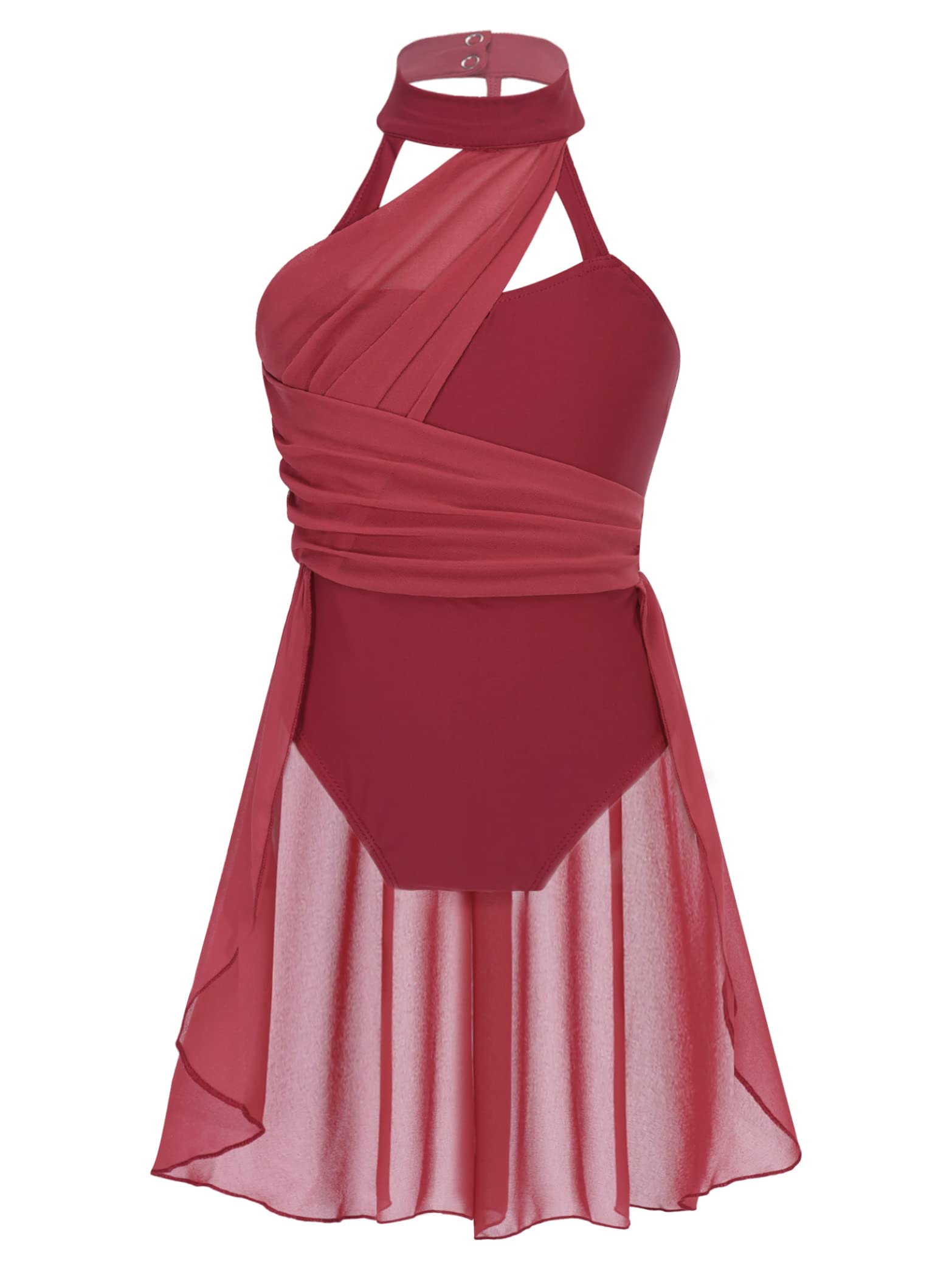 Daenrui Kids Girls Halter Neck Cutout Back Ballet Lyrical Dance Dress Latin Jazz Skating Costume Leotard Skirt Burgundy 10 Years