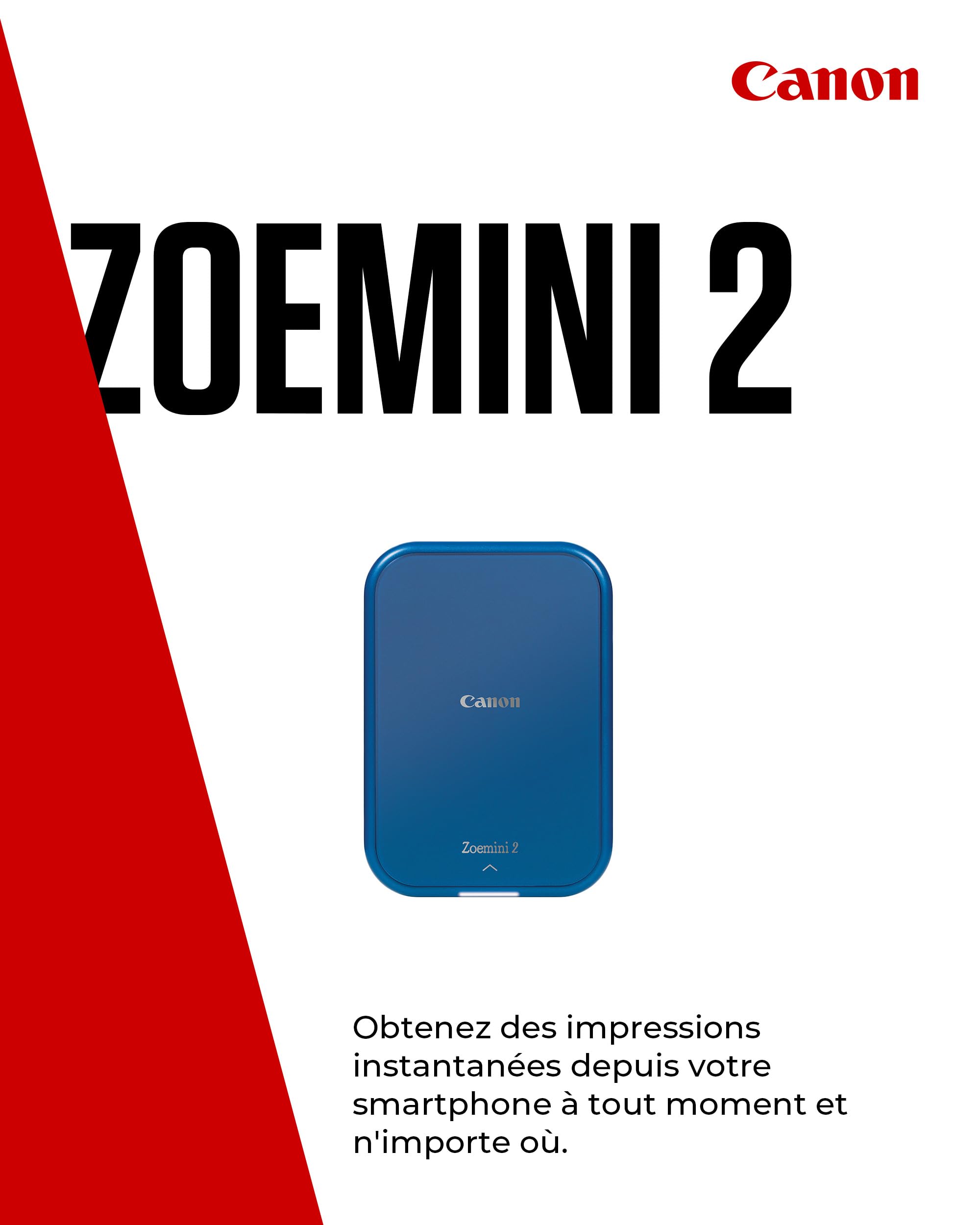 Canon Zoemini 2 Imprimante Photo Portable Bluetooth USB-C Rechargeable, Kit avec 20 Feuilles Autocollantes ZP-2030 + 10 Feuilles Circulaires 3,3 cm Zink, Bleu