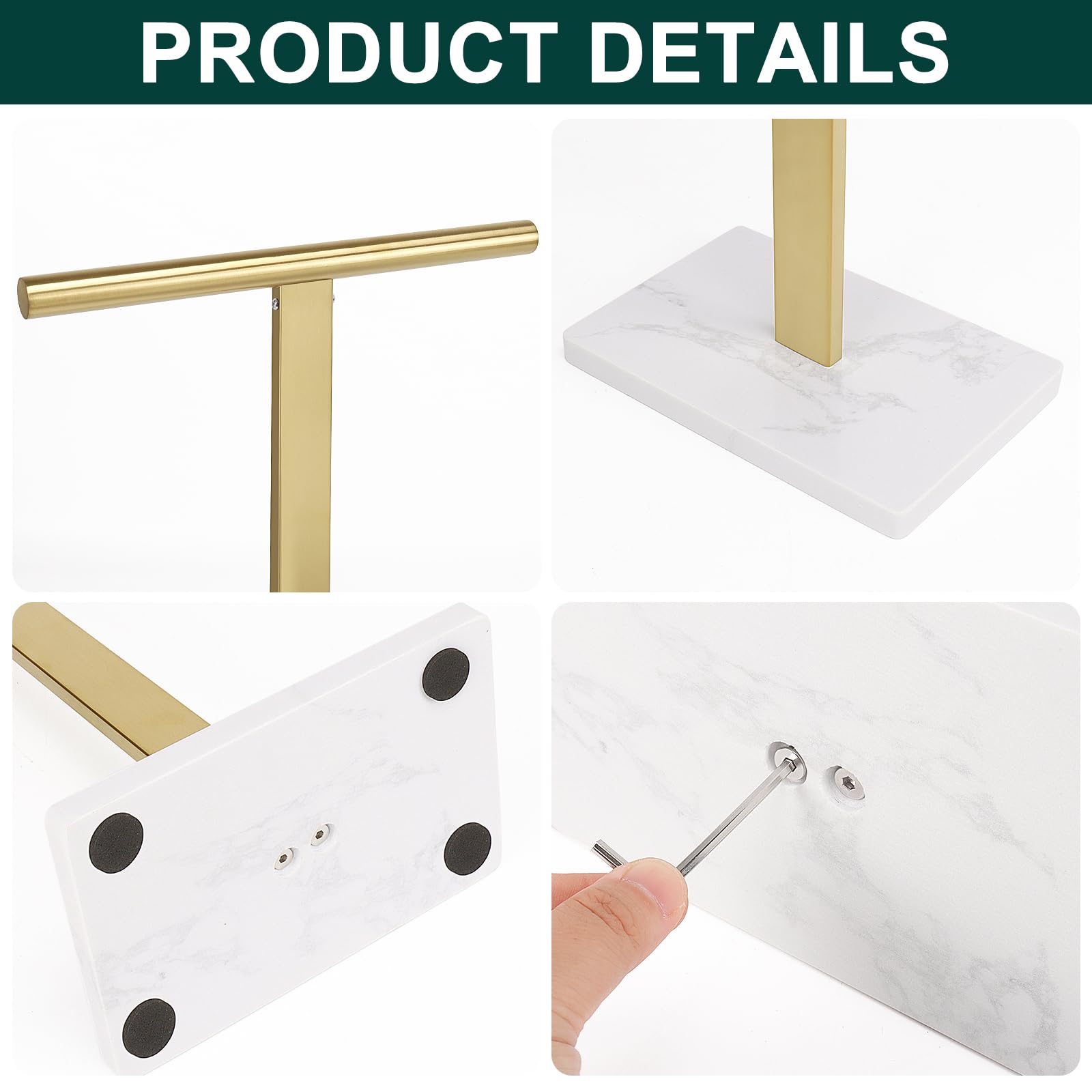 Soporte para toallas de mano, soporte para toallas de mano en forma de T para baño, toallero de mano para encimera de cocina, acero inoxidable 304 (base de mármol, dorado)