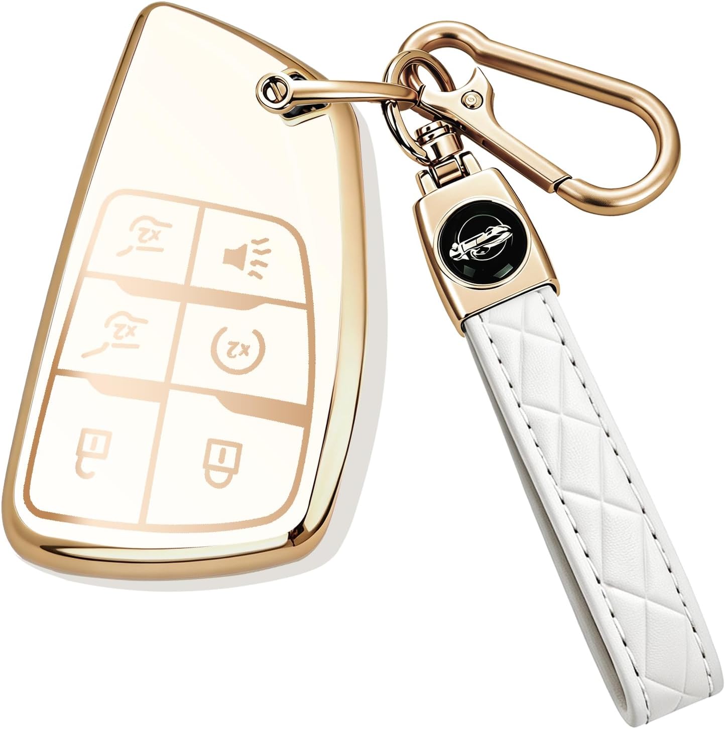 for Chevy GMC Key Fob Cover with Keychain Durable Soft TPU Case Key Shell Compatible with 2021-2027 Tahoe Suburban Silverado Yukon Denali 6-Button Gold/White