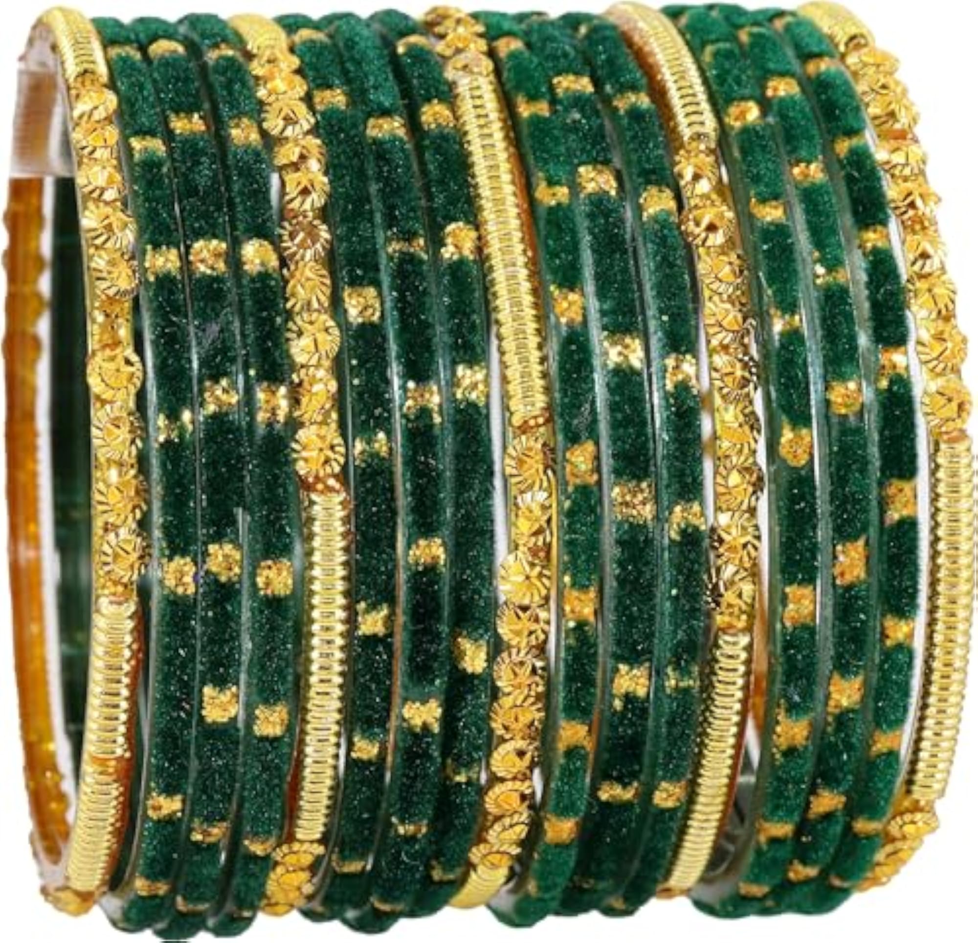 Glass Golden Beads Polka Dots Velvet Bangles Set (Spring 8 Inches)