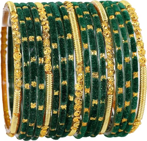 Glass Golden Beads Polka Dots Velvet Bangles Set (Spring 8 Inches)