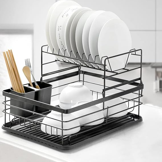 Hershii 2 Tier Dish Drainer Drying Rack Kitchen Countertop Bowls Cups Storage Organizer with Drip Tray and Cutlery Holder - Black