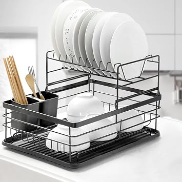 Hershii 2 Tier Dish Drainer Drying Rack Kitchen Countertop Bowls Cups Storage Organizer with Drip Tray and Cutlery Holder - Black