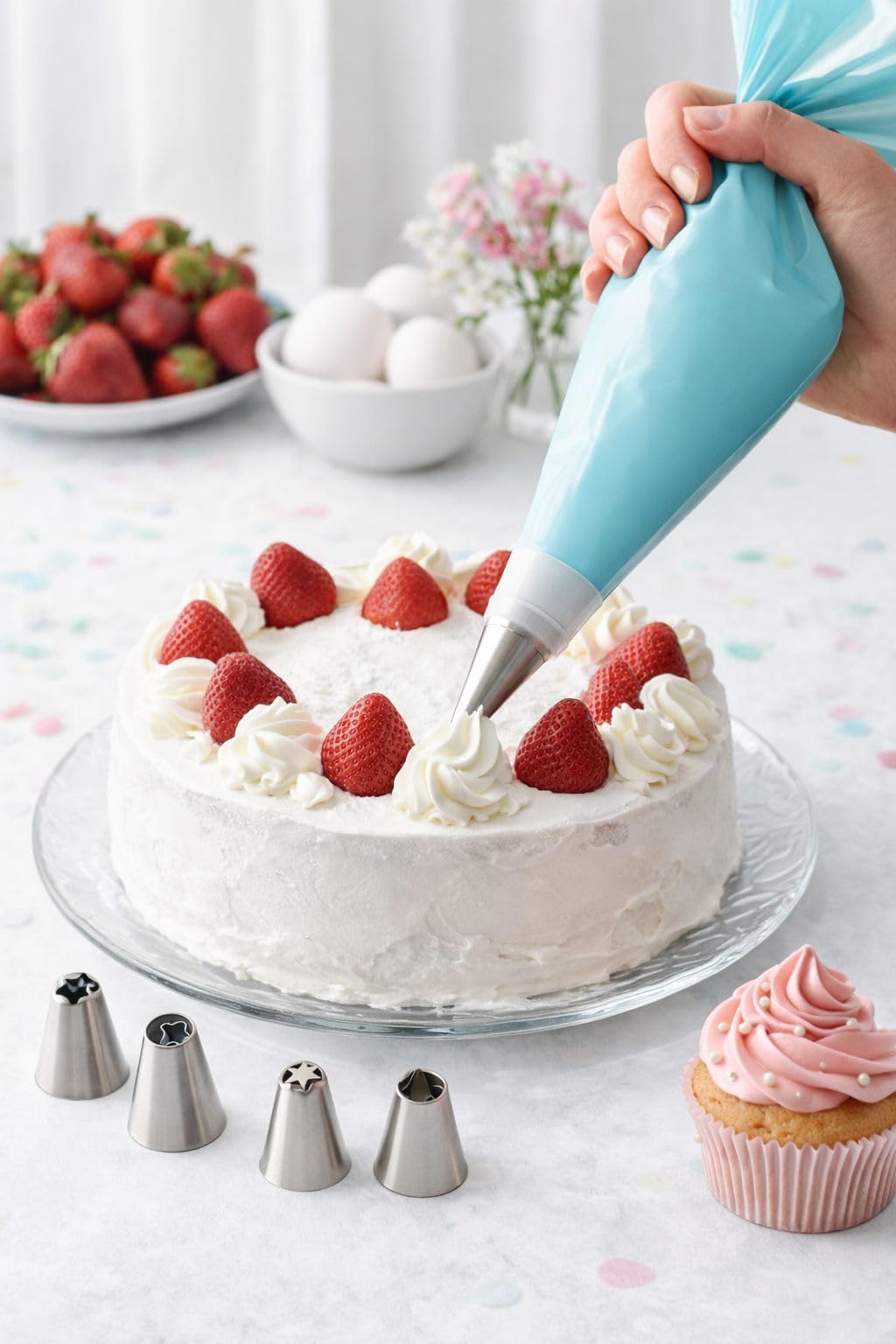 Profesyonel Pasta ve Cupcake Süsleme Seti, Krema Sıkma Torbası ve 6'lı Paslanmaz Duy Seti, Mutfak Dekorasyon Malzemesi, Beyaz/mavi/pembe
