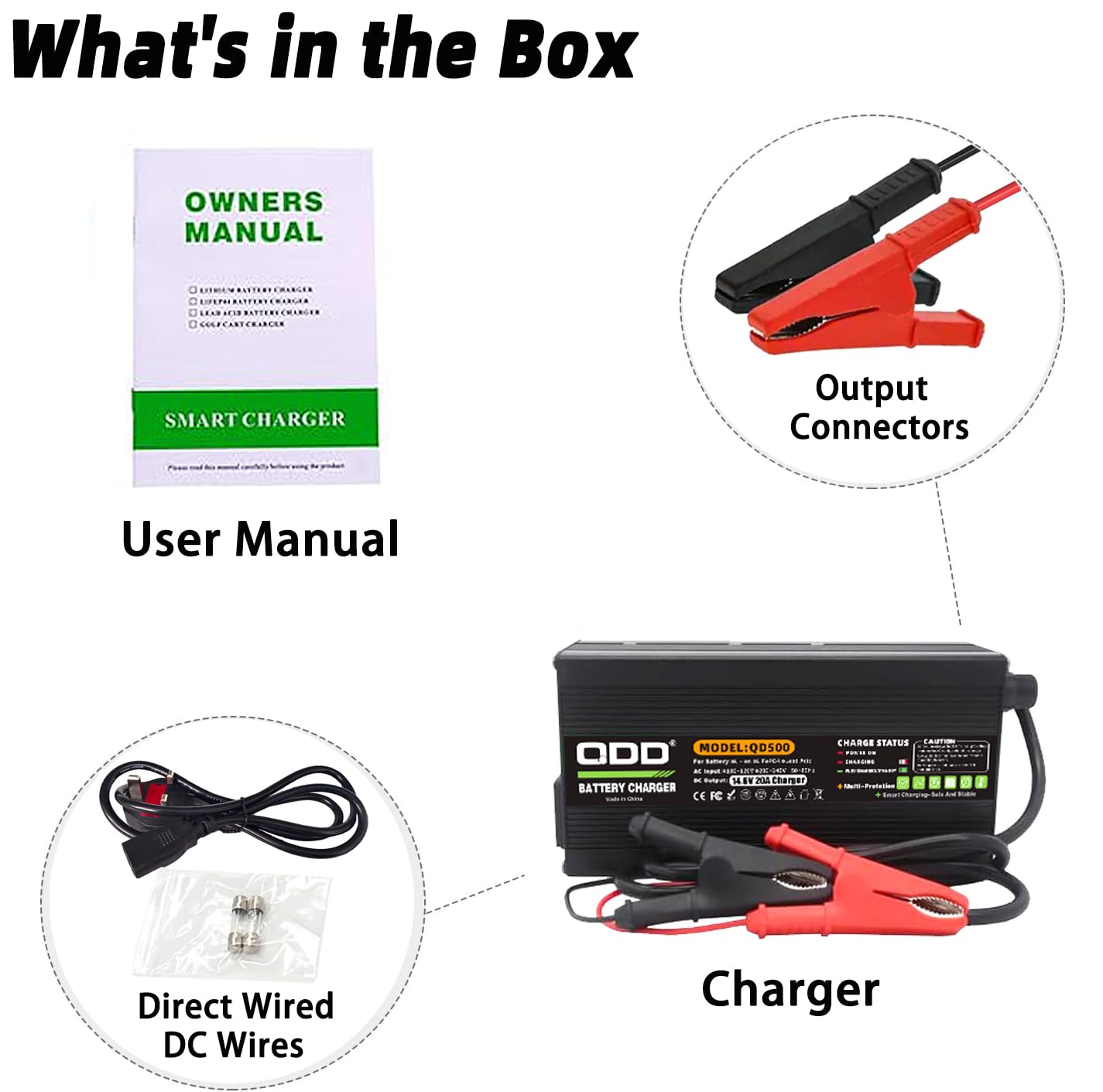 QDD Caricatore intelligente di manutenzione della batteria 12V 20A 14.6V Litio LiFePO4 Caricabatteria per barche camper, veicoli commerciali, batterie ricaricabili a ciclo profondo