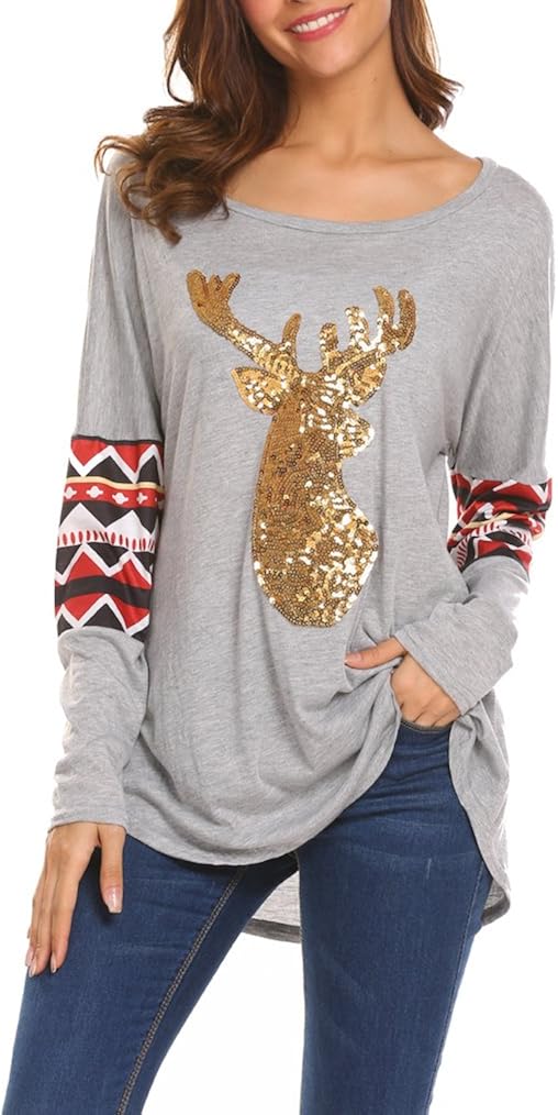 Qearal Womens Casual Long Sleeve Christmas Reindeer Sequin T Shirt Blouse Tops