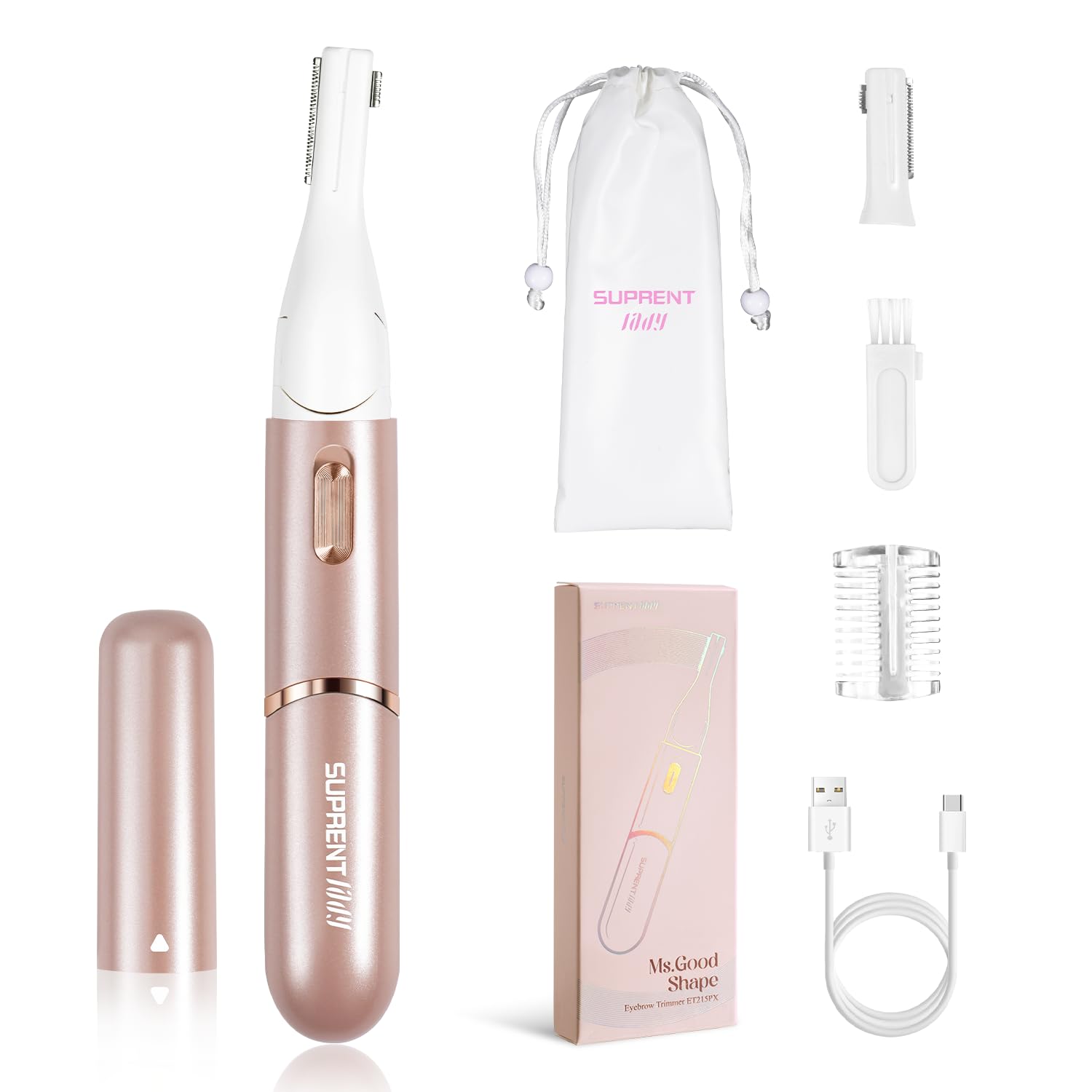 SUPRENT Recortadora Cejas Eléctrica, Depiladora Facial Mujer Portátil Con cabeza giratoria, Cortador de Cejas Recargable para Cejas, Nariz, Labios, Vello Facial, Cuerpo, Axilas(Rosa)