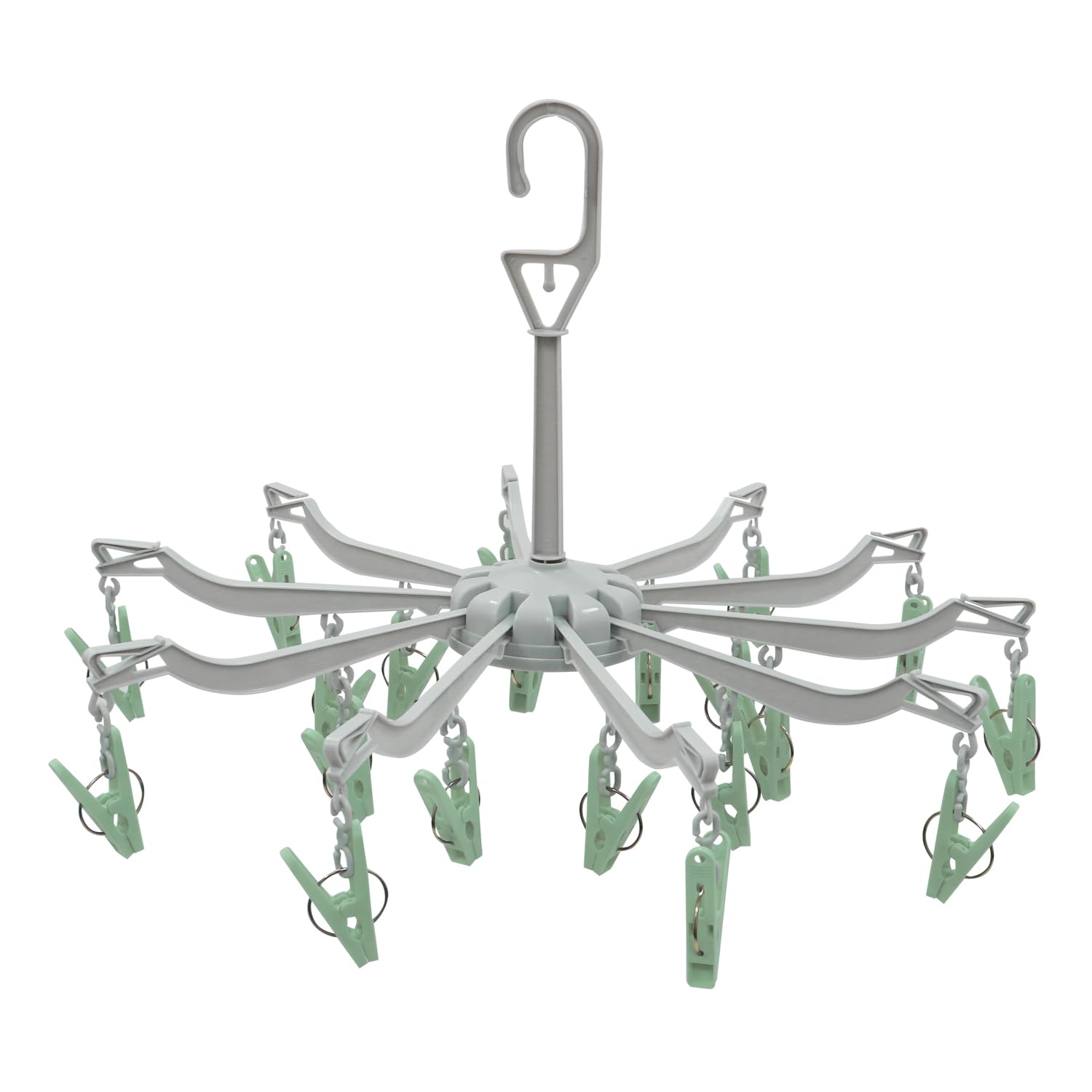 JVL 10 Arm Sock Dryer with 20 Pegs – Hanging Laundry Drying Rack – Light Grey Frame with Green Clips – Indoor & Outdoor Airer