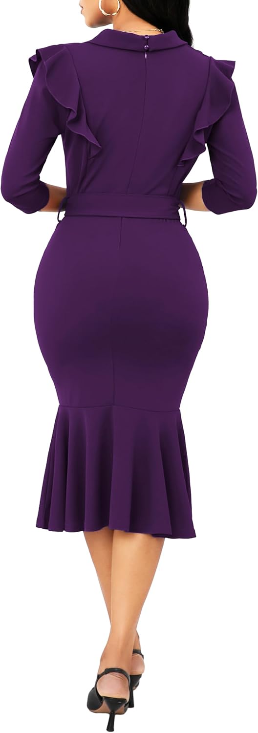 SxClub Elegant Dress for Women Sexy 3/4 Sleeve Business Knee Length Dresses Fishtail Zipper Belt