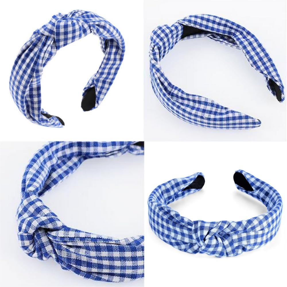 Blue White Gingham Knotted Headbands for Women, Plaid Top Knot Hair Bands for Makeup Face Wash Skincare (Plaid)