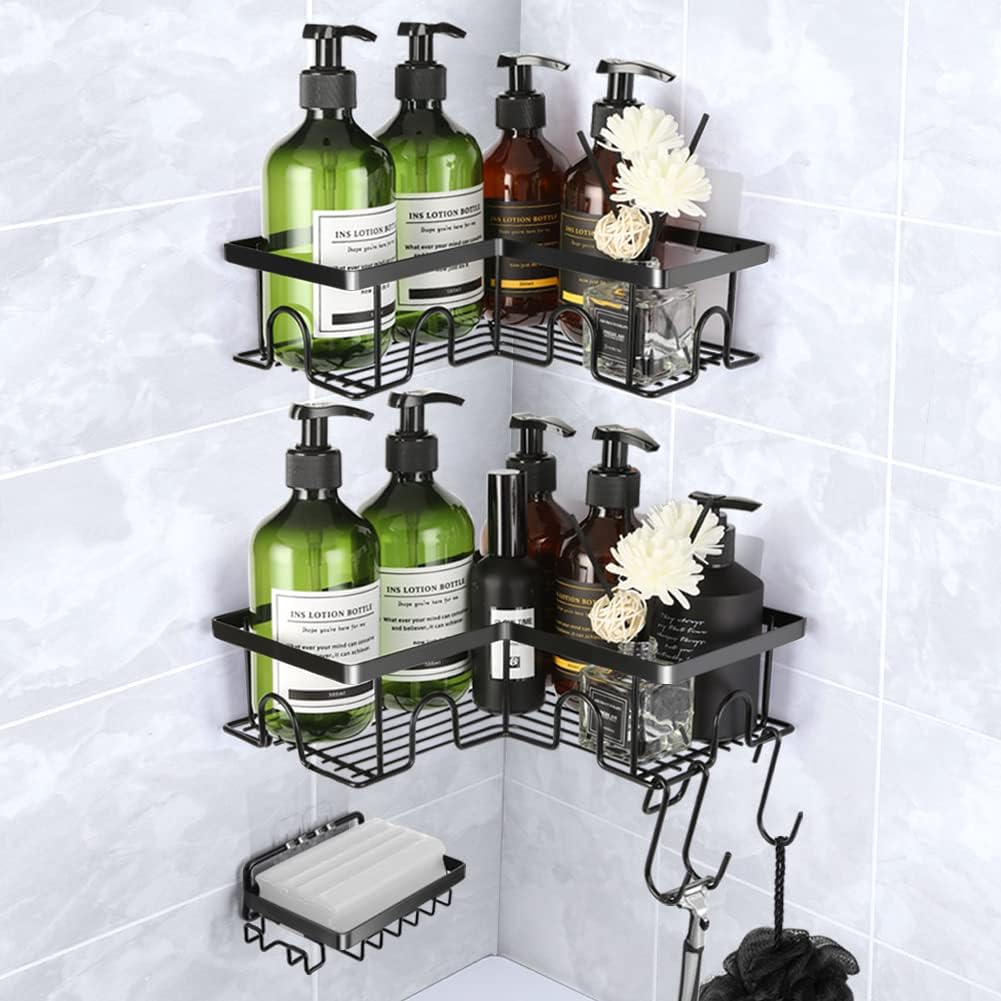 Corner Shower Caddy 2 Pack, Set with Soap Holder, 2 Hooks, Hair Dryer Shelf, No Drilling Rustproof 304 Stainless Steel, Shower Storage Organizer Basket for Bathroom Bathtub Kitchen (Black)