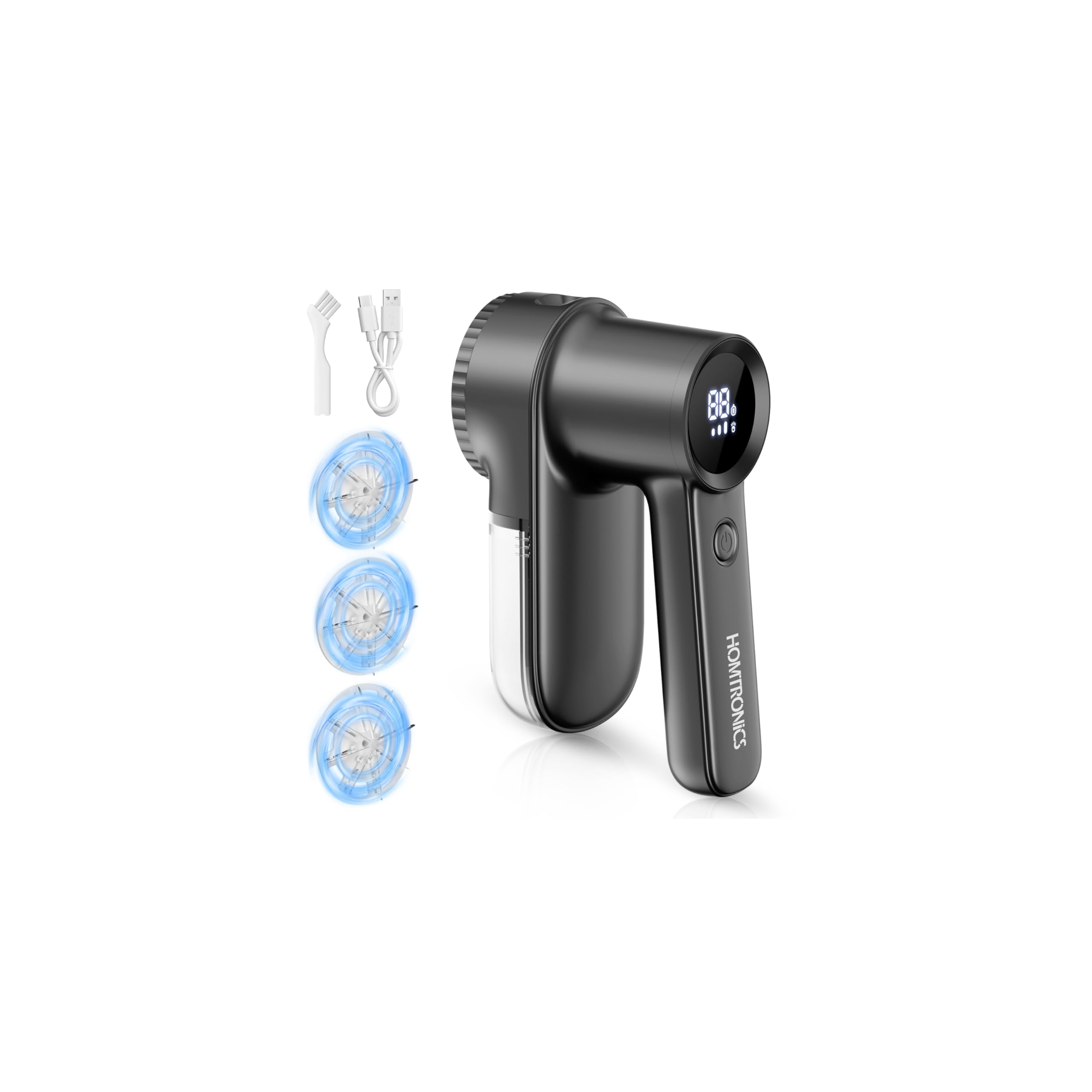 Homtronics Fusselrasierer Elektrisch, [USB Aufladung- 2000mAh] Fusselrasierer mit LED-Digitalanzeige, 3 Einstellbaren Leistungsstufen, 3 austauschbaren Klingen für Pullover, Mäntel, Decke