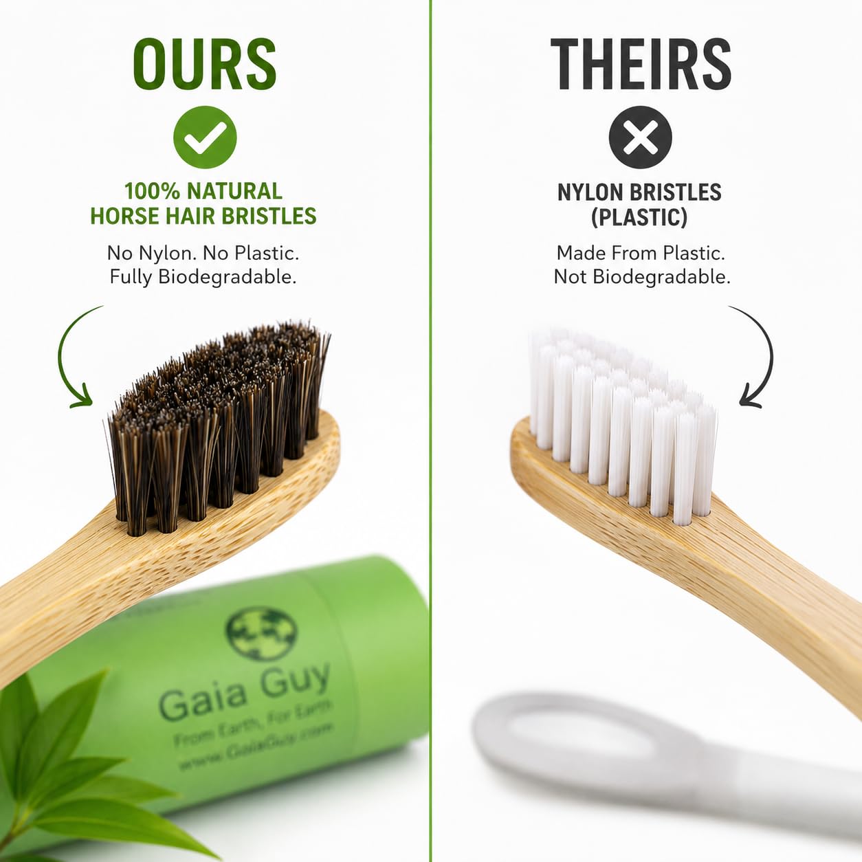 Gaia Guy Spazzolino da denti in bambù morbido in crine di cavallo, setole naturali, senza nylon o plastica, completamente compostabile e biodegradabile, per denti e gengive sensibili
