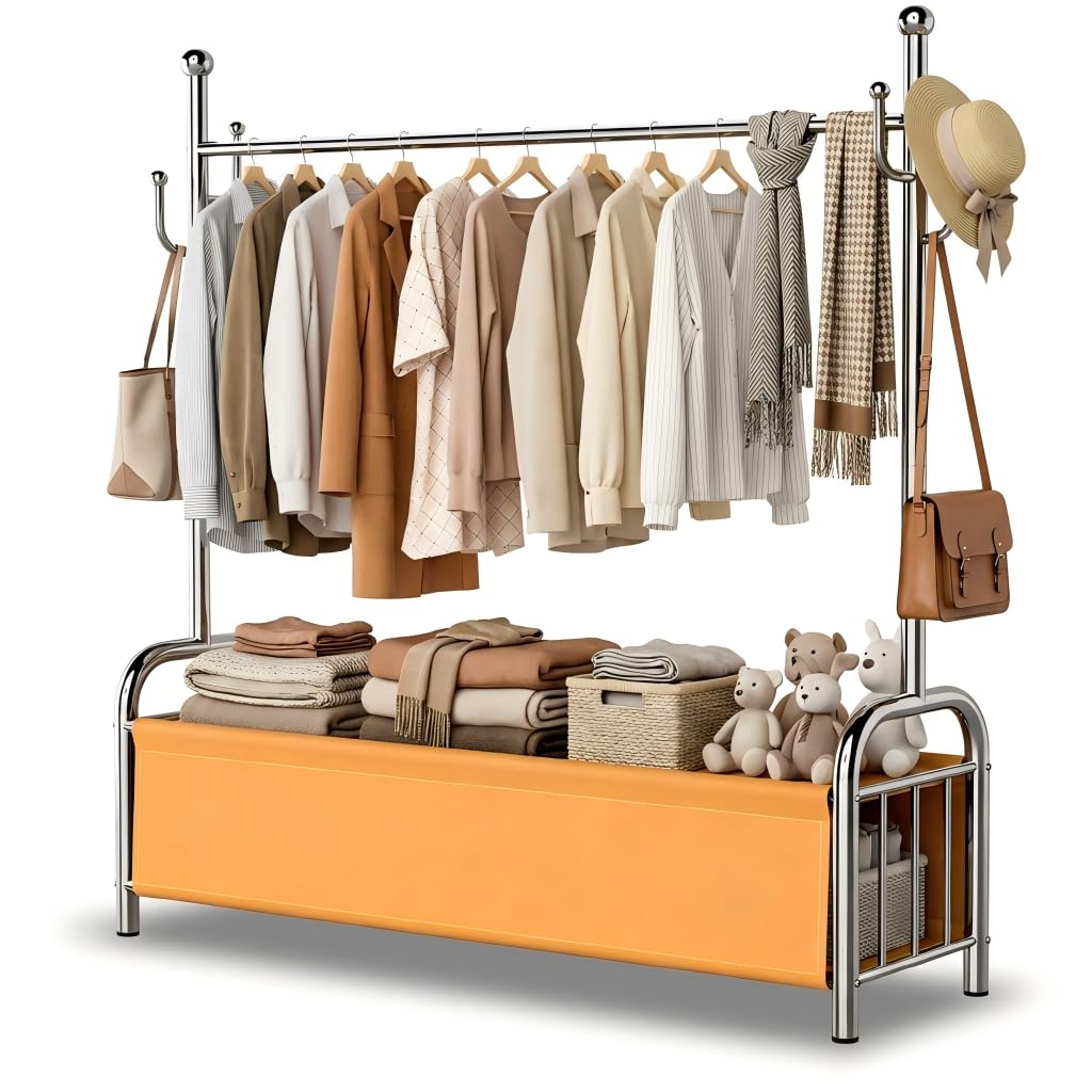 Appendiabiti da Terra con Ruote in Acciaio Inox, Stand Appendiabiti con Cesto Portaoggetti, Barra Appendiabiti Stabile, 3 in 1 per Organizzazione Vestiti, Portata fino a 115 kg