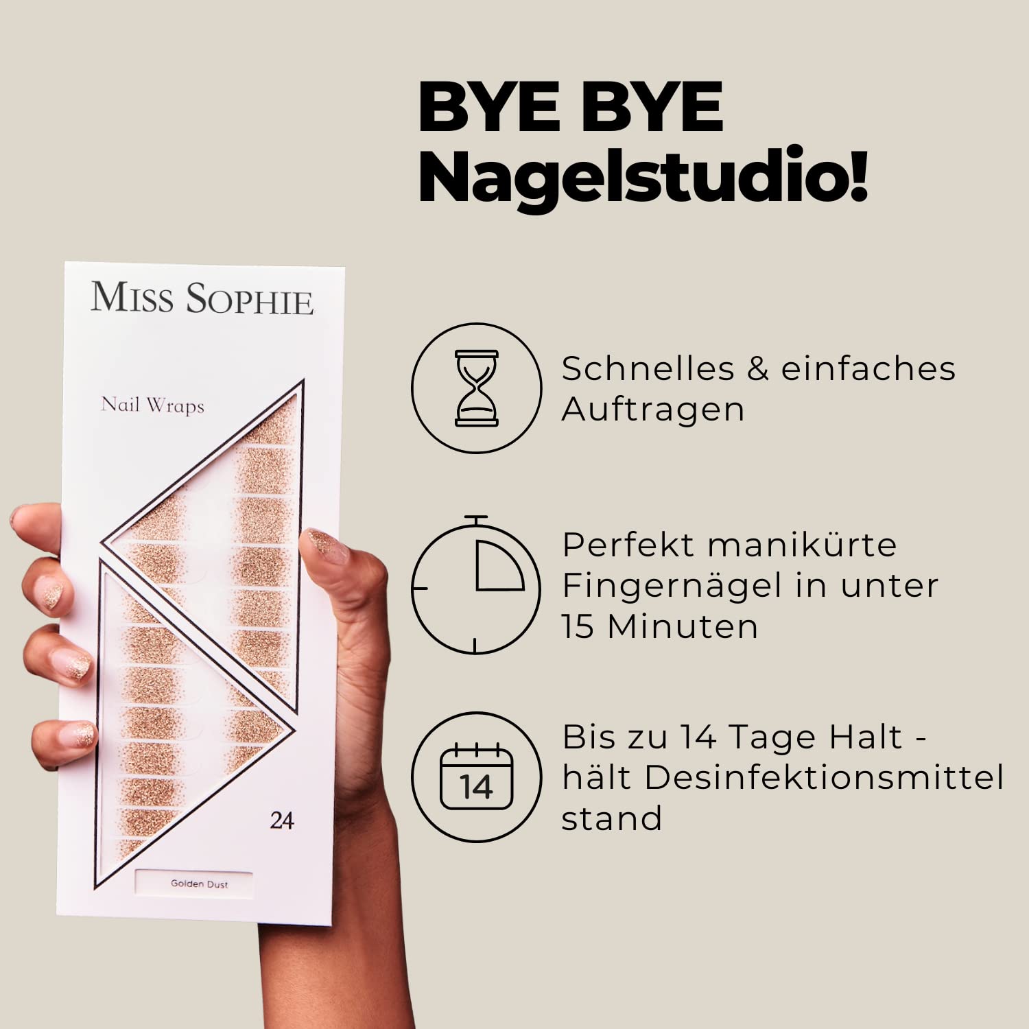 Miss Sophie Pellicola per unghie - "Golden Dust", Brillantini, Transparent, Oro, Nail Wraps -24 pellicole per unghie autoadesive ultrasottili a lunga durata