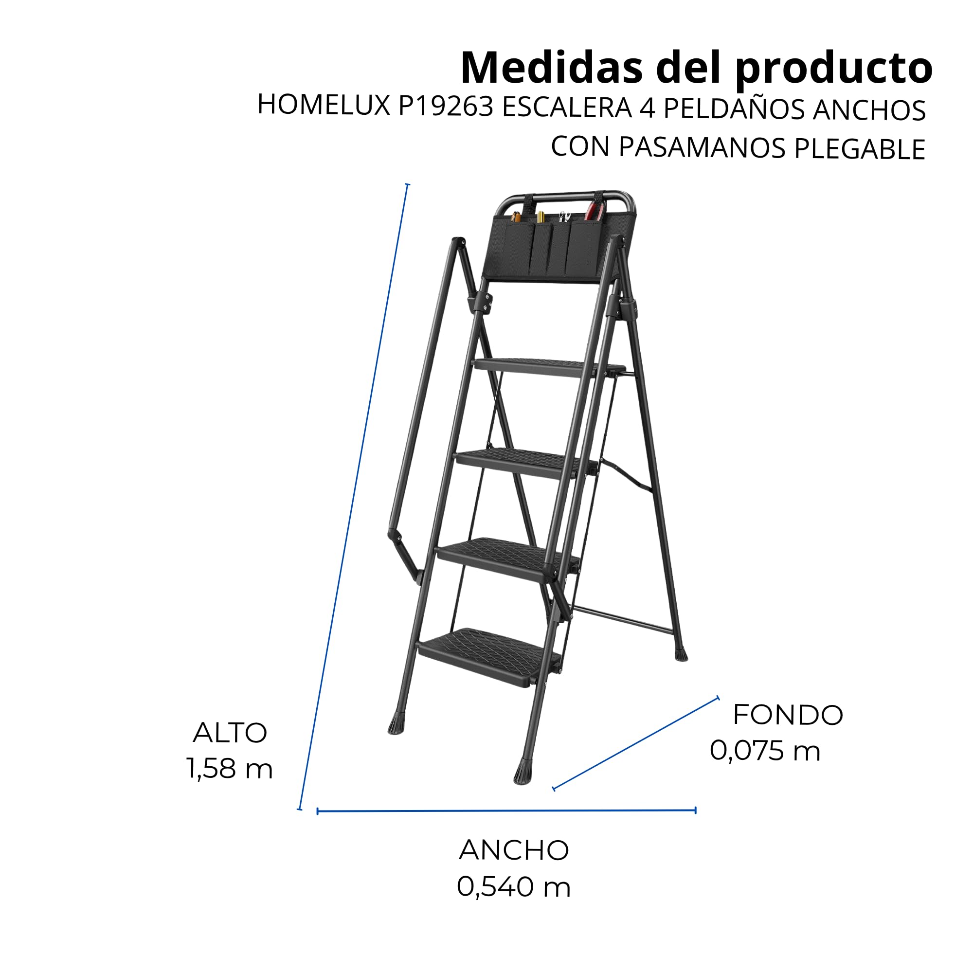 Homelux P19263 Escalera Plegable 4 Peldaños Anchos con Pasamanos – Peldaños de Polipropileno Antideslizantes con Estructura de Abeja – Escalera Hogar Segura y Compacta