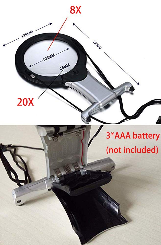 Lente d'ingrandimento, Lente d'ingrandimento 2 in 1 Lente d'ingrandimento grande a mani libere con luce a LED per la lettura Artigianato di cucito Lente d'ingrandimento a doppio scopo grande Lente d'