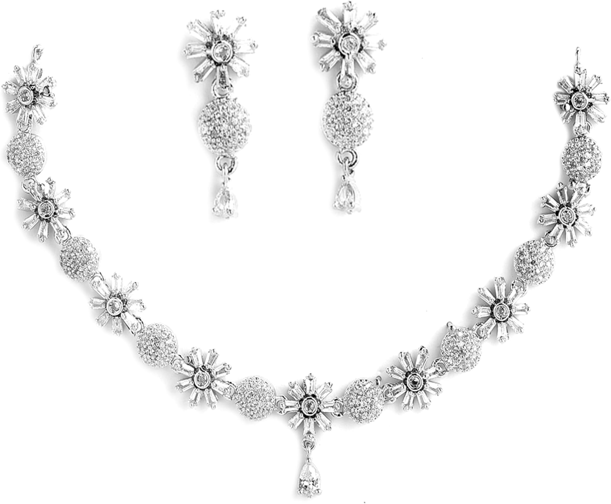 Rhodium Plated Silver Toned White American Diamond Studded Necklace With Earring Jewellery Set For Woment and Girl