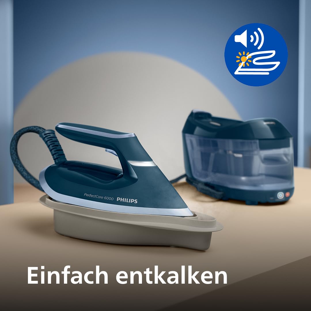 Philips Dampfbügelstation 6000 Serie, Blau, 2400W | 500 g Dampfstoß, 6,5 Bar Pumpendruck, 1,8 L Wassertank, OptimalTEMP, SteamGlide Plus Sohle(PSG6023/20)