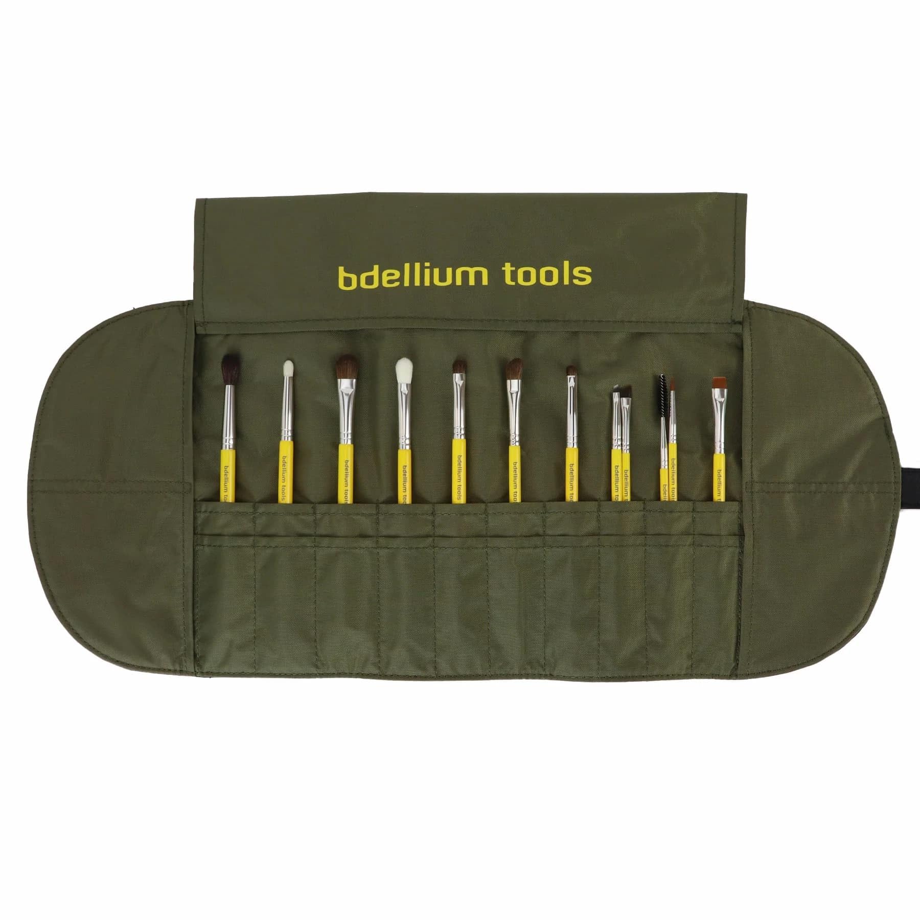 Bdellium Tools - Pennelli sfumatura occhi, professionali e antibatterici, con custodia arrotolabile, 12 pezzi