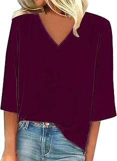 Camiseta de manga larga con cuello en V y manga tres cuartos para mujer, color liso