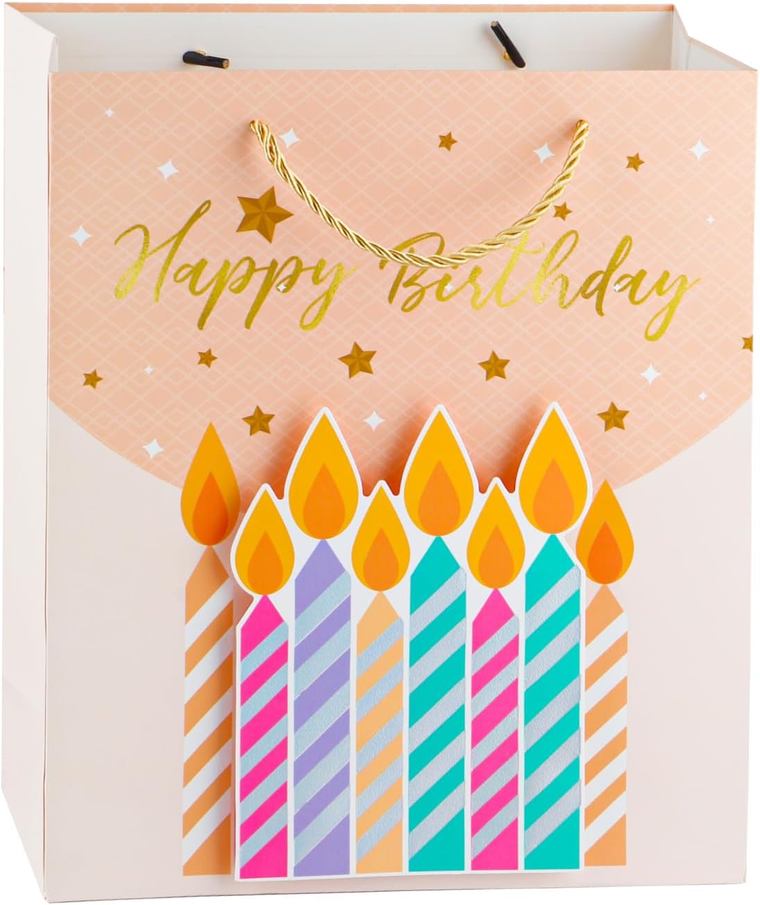 HUIYOULAI 3D Pop-Up Large Birthday Gift Bag (12.6" Tall) - Striped Candle Design, Salmon Pink Gift Bag with Card & Tissue Paper Set
