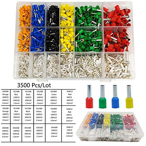 Davitu Terminals - Multiple styles TE/VE tube terminal electrical wiring connector crimping insulated tubular terminals set for0.5-10mm2 AWG22-7 - (Color: 3500)