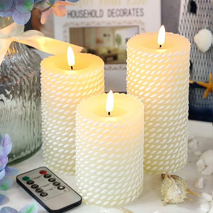 Image of Flameless Candles Set of 3, White Real Wax Rope Theme Battery Operated LED Candles with Remote Control and Timer for Gift Home Festival Decor
