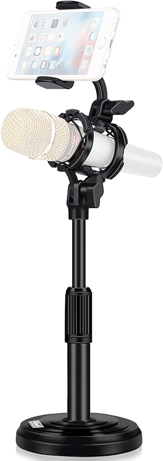 Desktop Microphone Stand with Cell Phone Holder, Adjustable