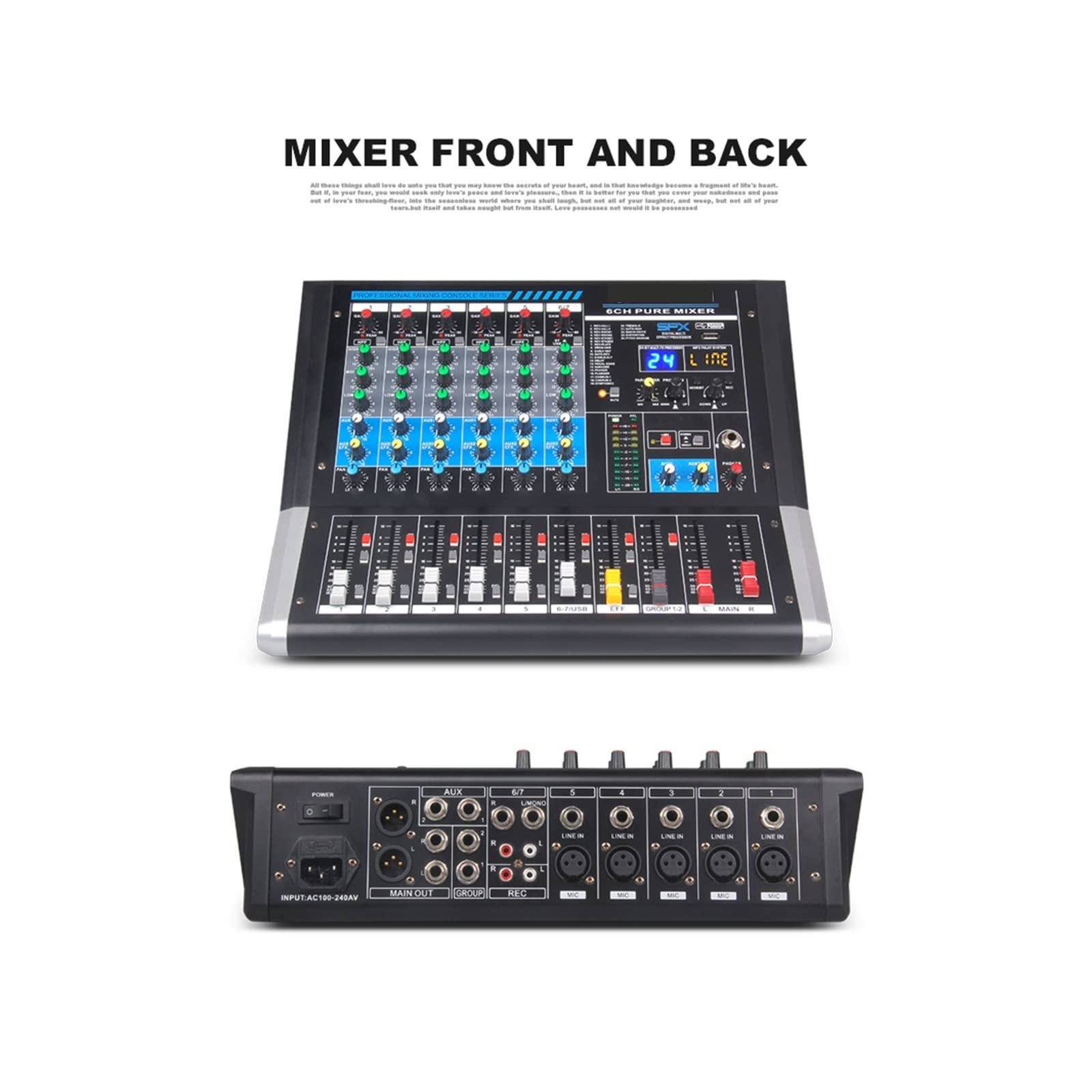 Audiomixer Dj-Mixer Soundboard, 6-Kanal-Mixer DJ-Controller-Soundkarte mit 24 DSP-Effekt USB Bluetooth for DJ-Aufnahmestudio Klarer Klang, Einfache Bedienung
