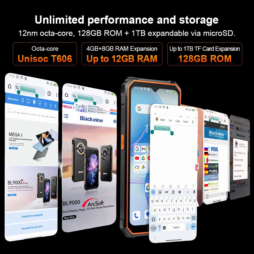 Blackview BV4800 Pro Móvil Irrompible, 12GB RAM + 128GB ROM/TF 1TB, 5180mAh | Pantalla 6.56" HD+ 60Hz, Cámara 16MP, Móvil Rugerizado IP68/IP69K, Dual SIM 4G, WiFi 5, GPS, NFC, OTG, Negro