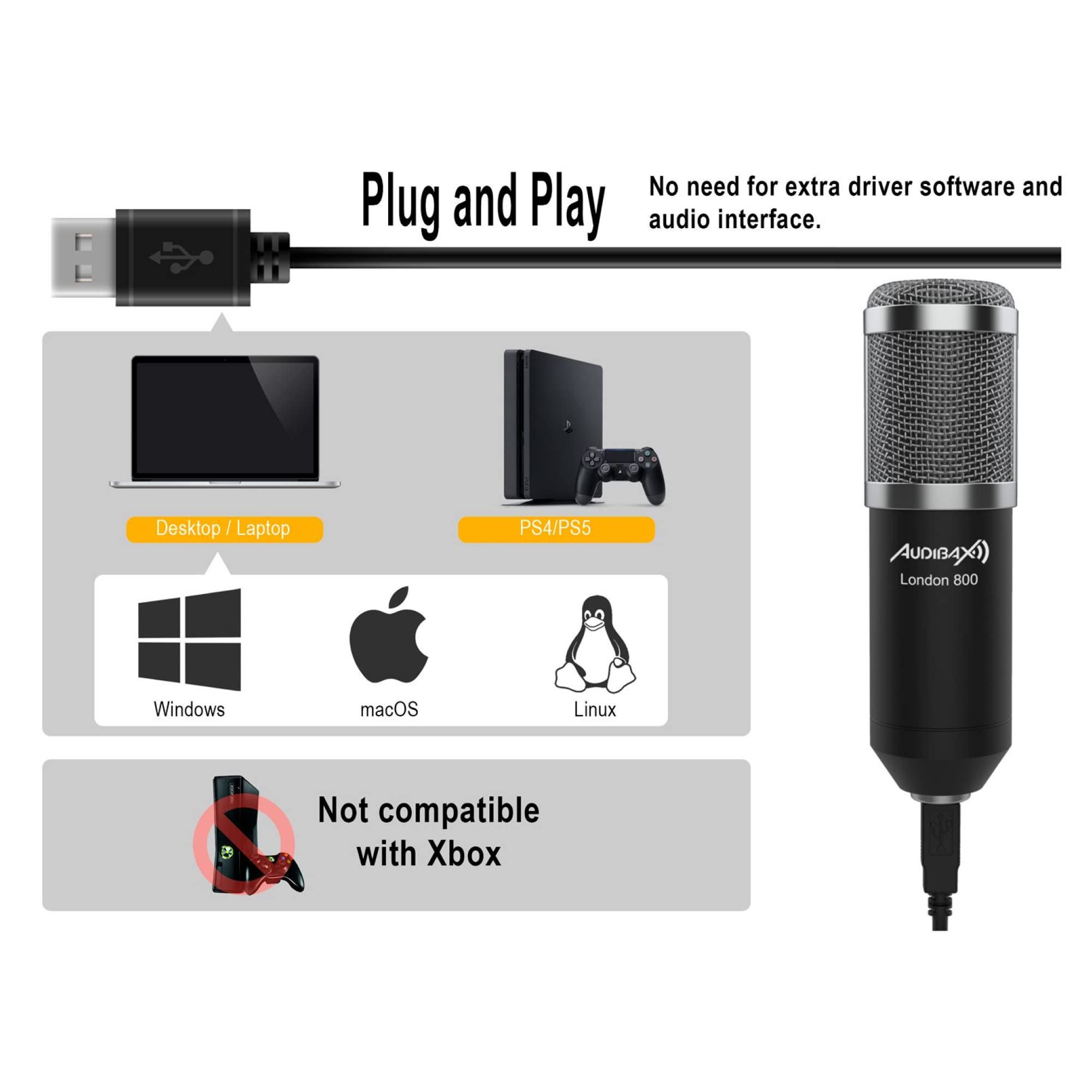 Audibax London 800 USB Silver Pack Micrófono USB Pack para Podcast/Grabación/Gamers Pack