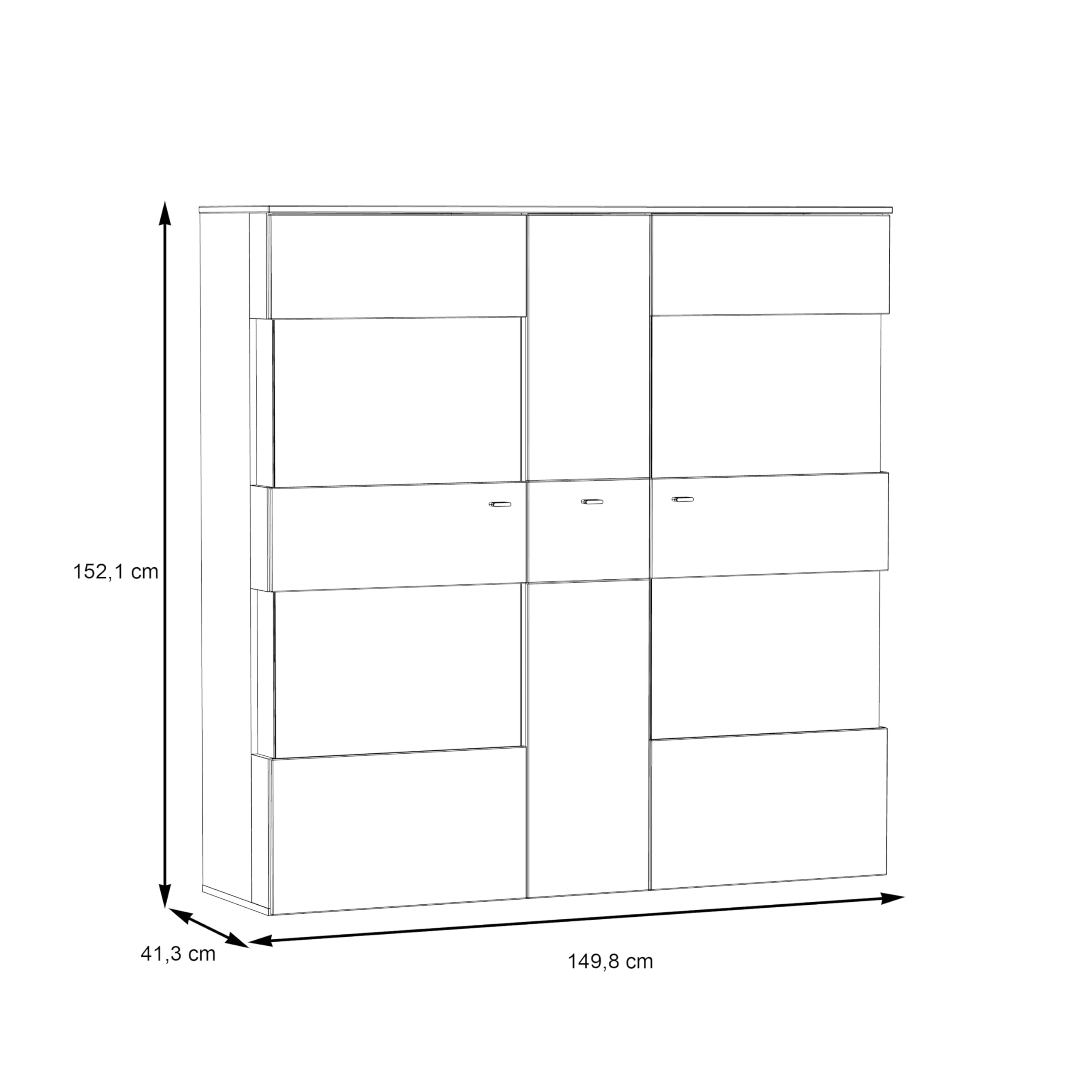 FORTE Como Highboardvitrine mit 1Tür und 2 Glastüren, Holzwerkstoff, Uni Wolfram Grau Kombiniert mit Planked Eiche, 149,8 x 152,1 x 41,3 cm