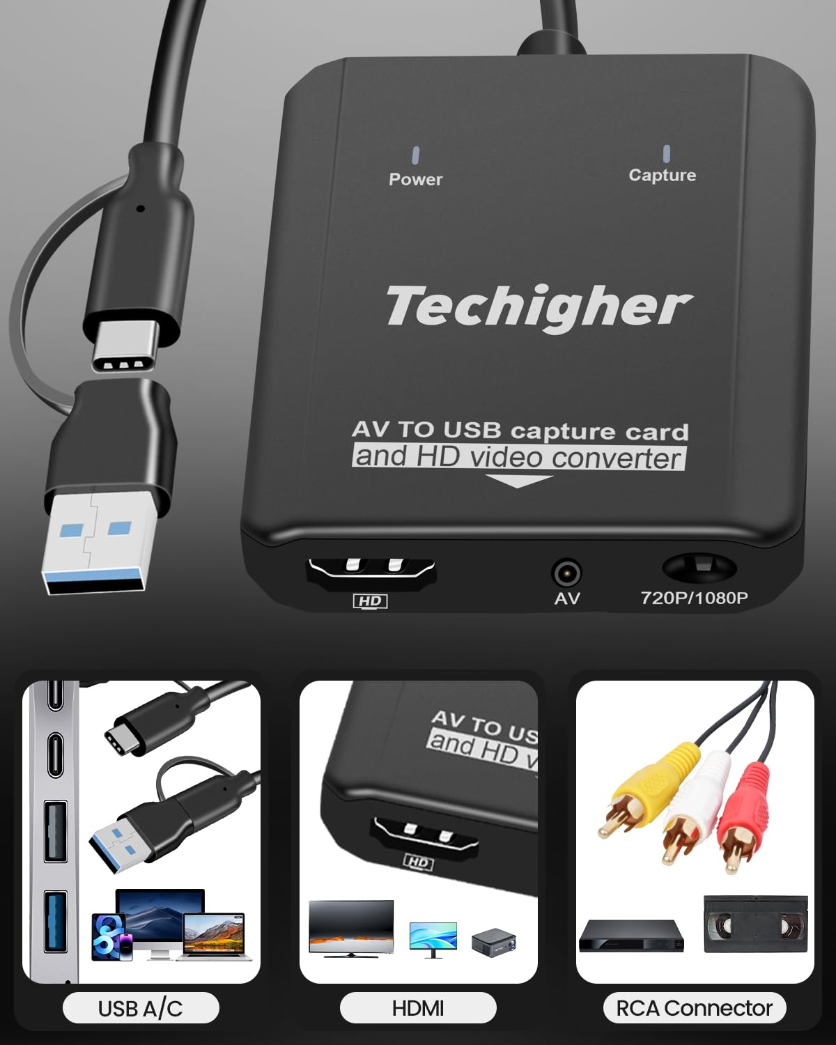 Convertidor VHS a digital, tarjeta de captura de video USB para video, VCR/Hi8/DVD/AV/RCA/VHS a convertidor digital, convertidor RCA a HDMI, convertidor AV a HDMI, captura y convierte
