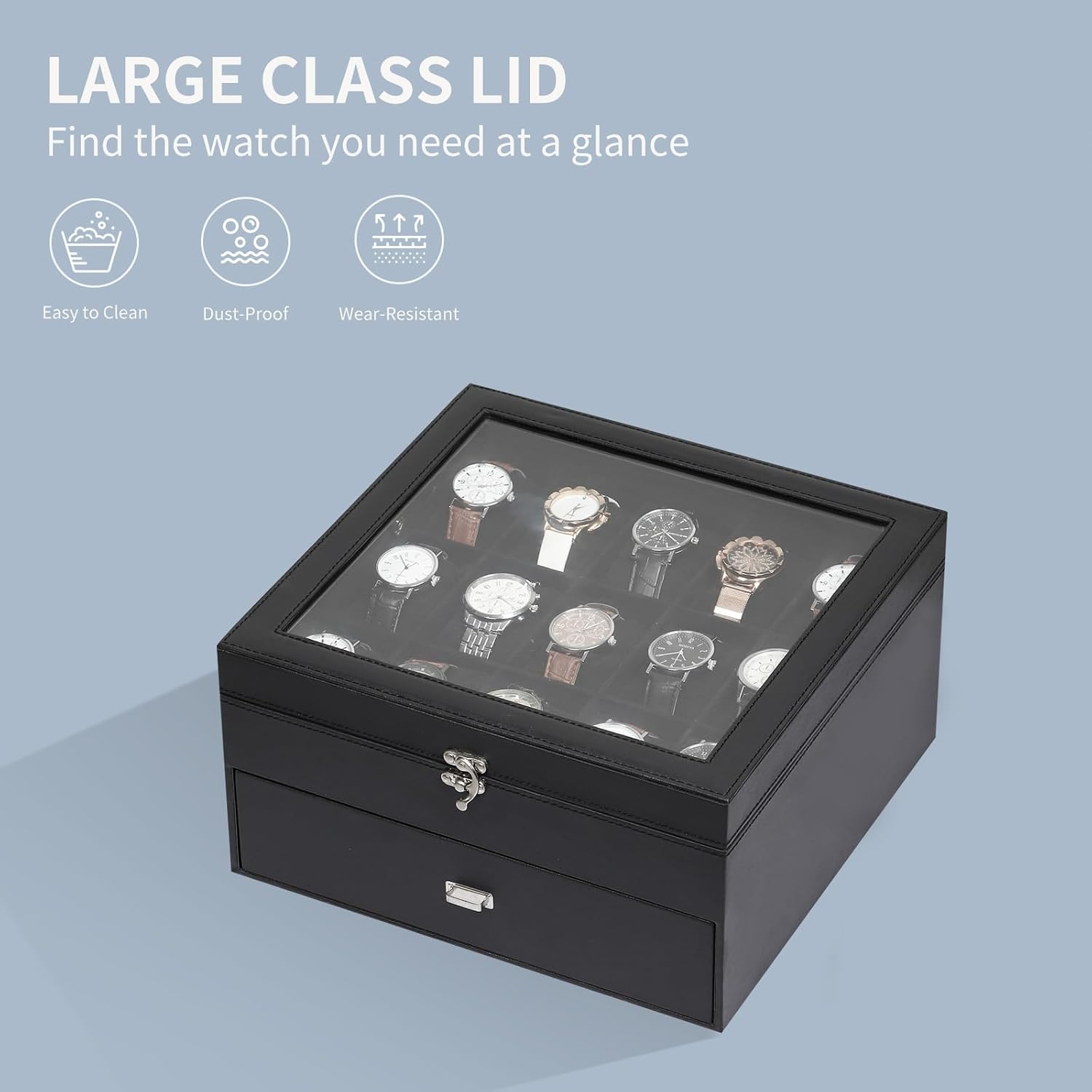 AUTOARK Watch Box Organizer with Glass Top & Lockable Drawer,2 Layers Holds 30 Watches & Jewelry,Large Storage for Men & Women,PU Leather with Soft Interior,Gift for Home Office Desk,Black,MKAW-125