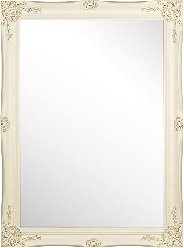 Antique Glossy Rectangular Wall Mirror, Vintage Wood Framed Vanity Mirrors for Home Decor, Living Room, Bathroom, Bedroom, or Hallway 32"x24", Ivory