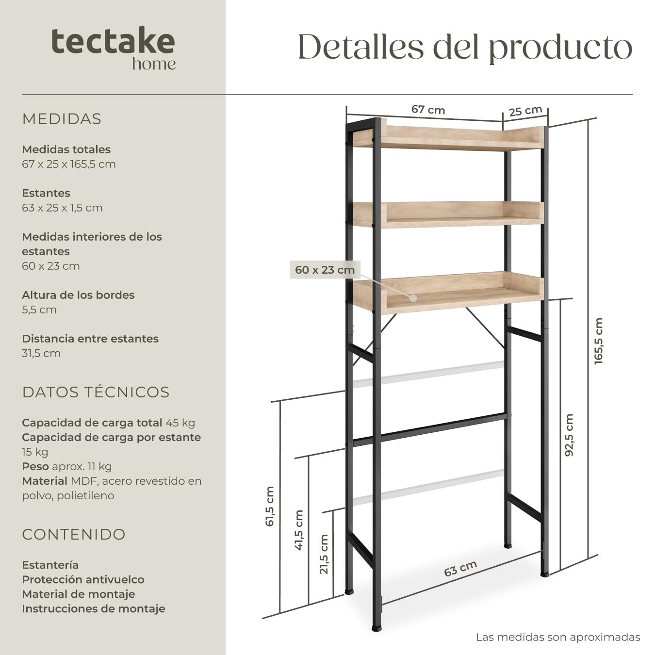 tectake® Estanteria baño de Estilo Industrial, Tres Estantes, Compacto, Ajustable, Antivuelco, Montaje Rápido, Estanterias Almacenaje, Mueble Baño - 165,5x25x67cm Madera Industrial Clara, Roble Sonoma