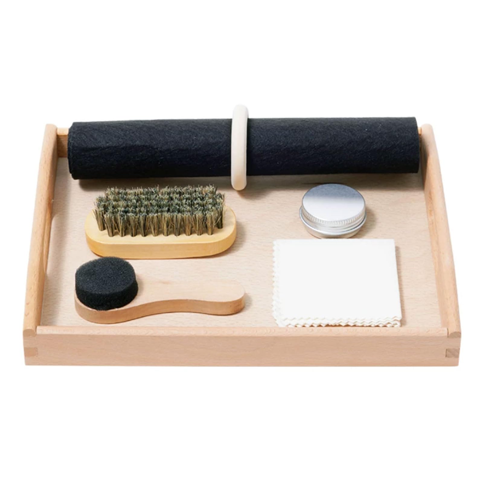 ttnmrc Montessori Shoe Shining Kit for Toddlers, Wooden Shoe Polishing Set with Tray, Practical Life Cleaning Activity Toy
