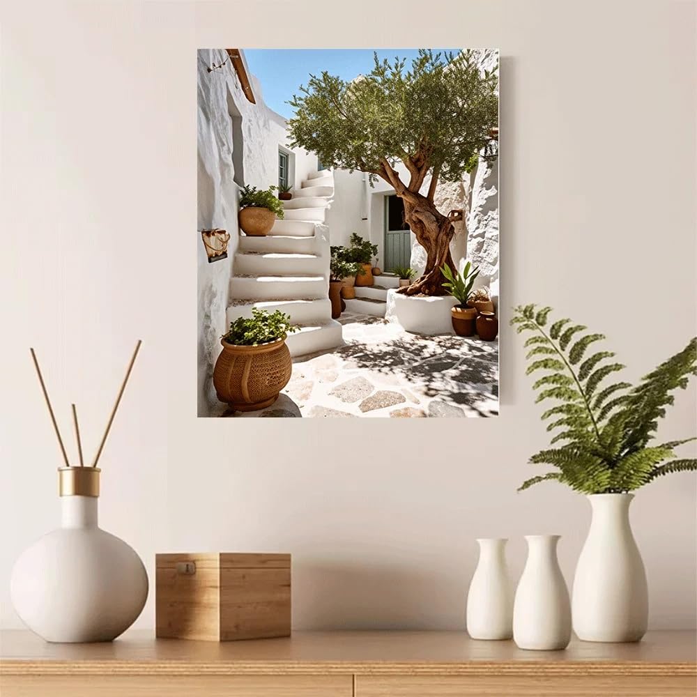 Dittelle Canvas poster Unframed Mediterranean Courtyard Olive Tree White Stairs Garden Art Print summer Bedroom Home Decor(50x70cm/Frameless)