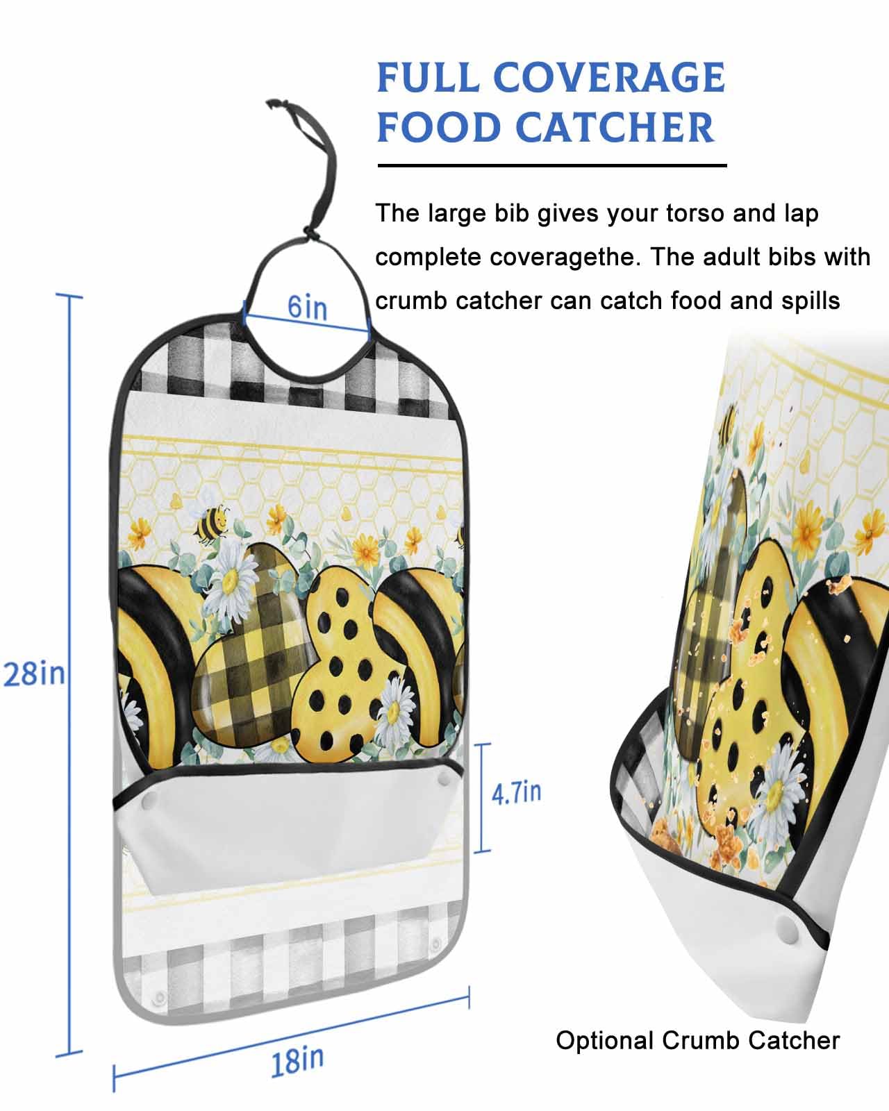 LEOKOTI Eucalyptus Leaves Adult Bibs for Eating, Waterproof Bibs with Food Catcher & Snap Closure, Yellow Love Heart Summer Bee Black Plaid Washable Clothing Protectors Adult Bibs for Elderly